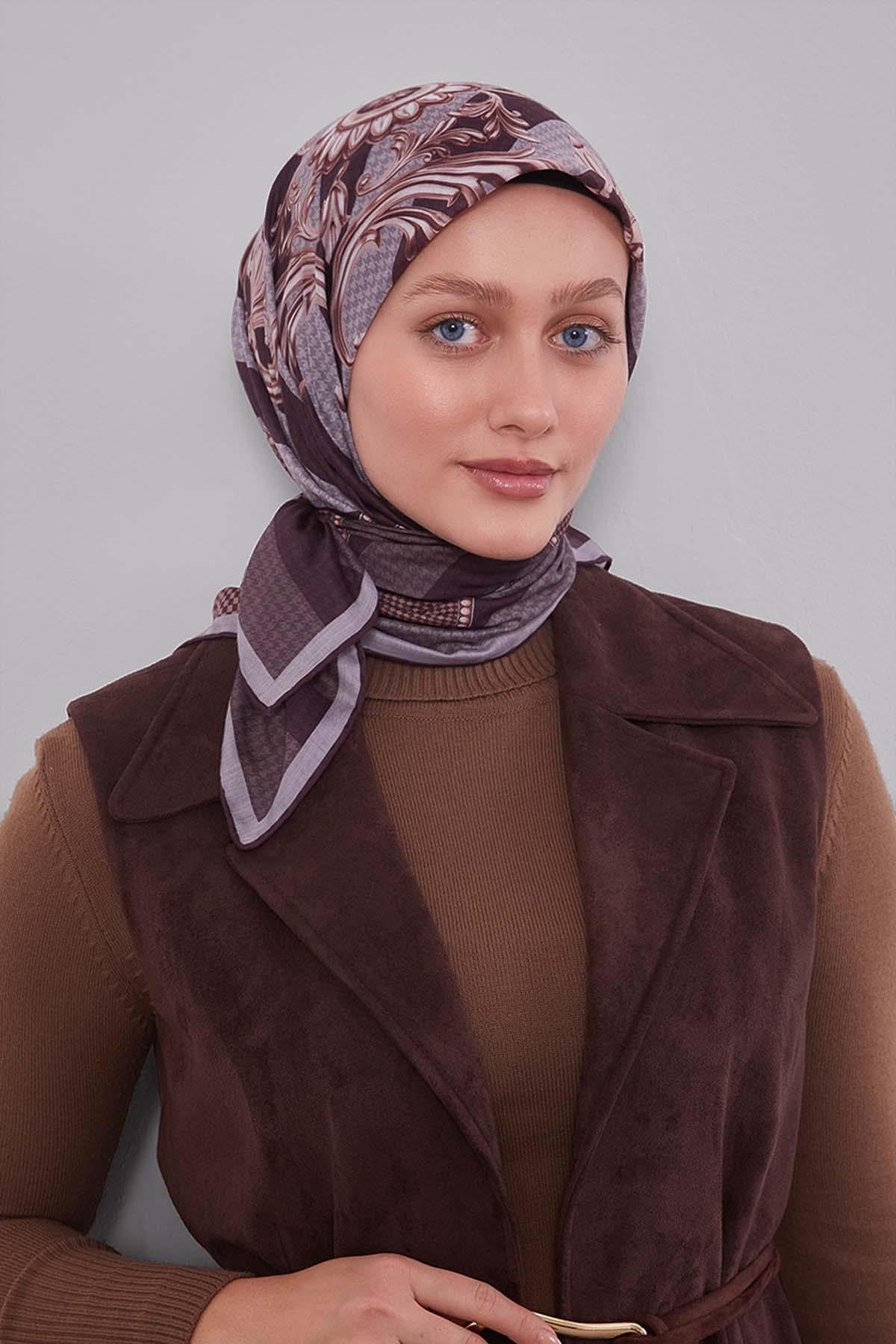 Fivescarf K.Kahve Boncuk Desen Silk Coton Eşarp