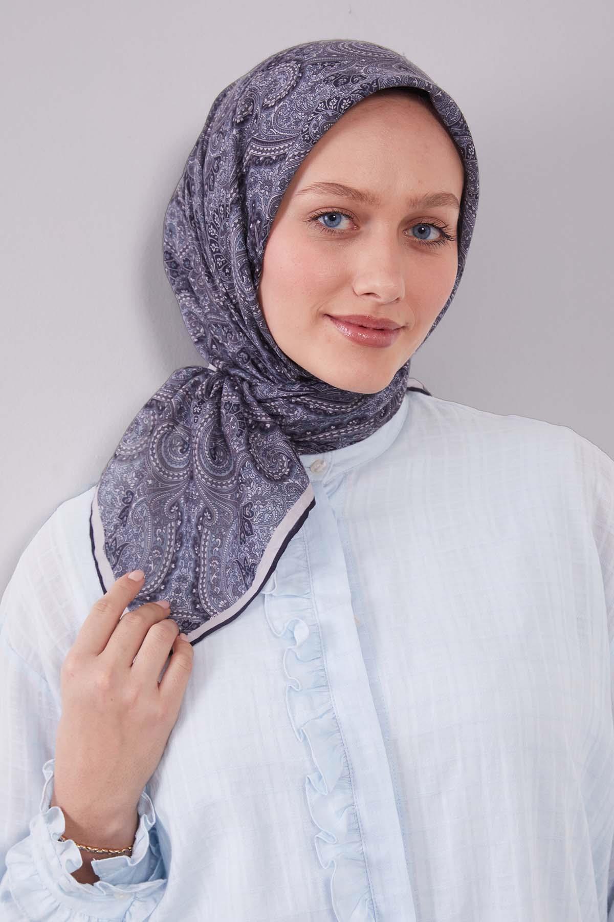 Fivescarf K.Lacivert Etnik Desen Silk Cotton Eşarp