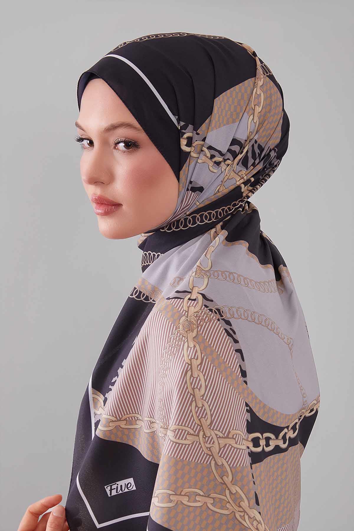 Fivescarf K.Lacivert Gold Zincir Desen Moos Chrep Şal