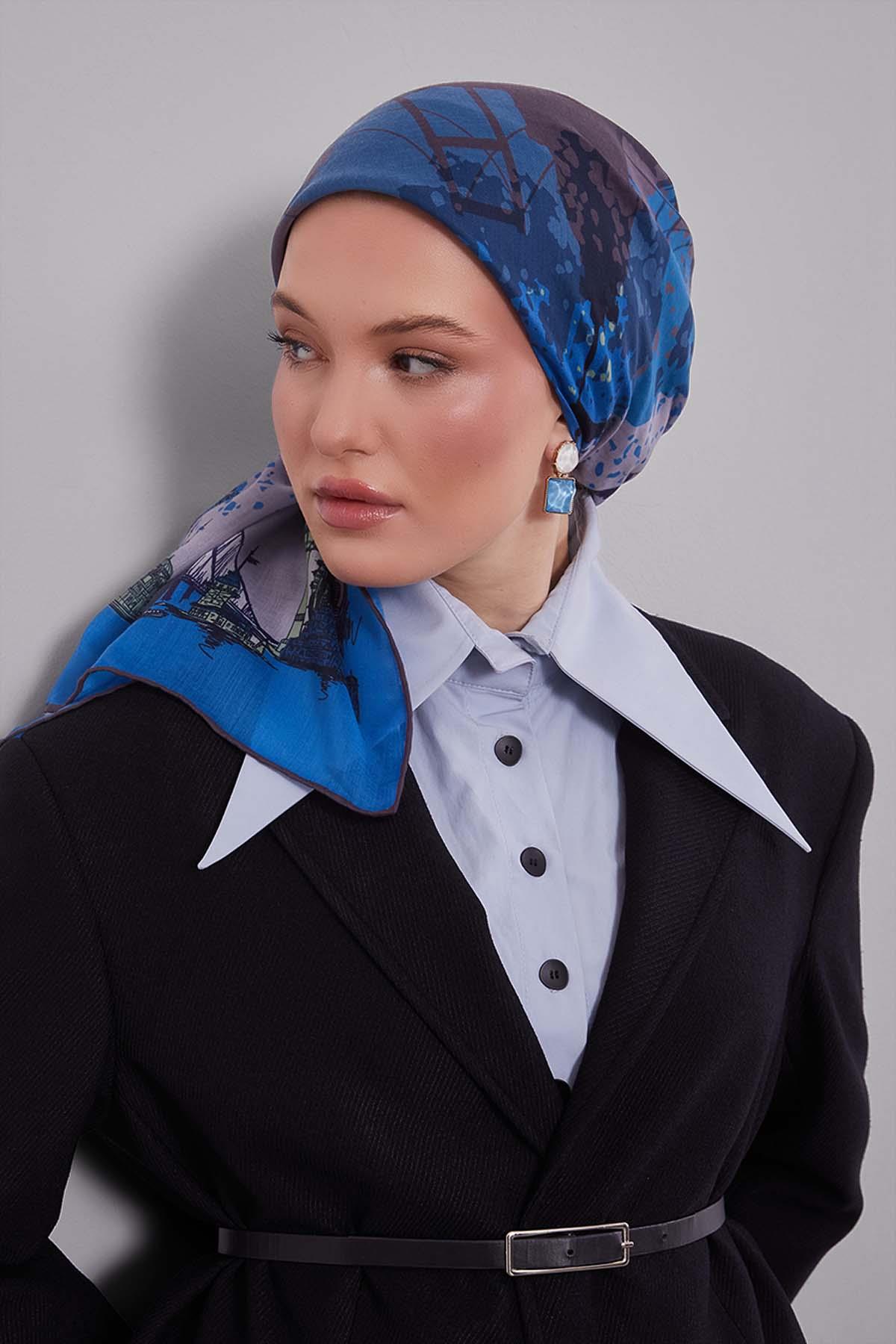 Fivescarf K.Mavi Manzara Desen Silk Coton Eşarp
