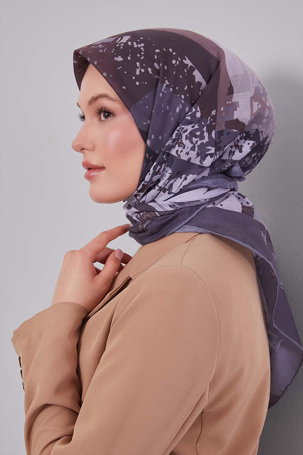 Fivescarf K.Gri Manzara Desen Silk Coton Eşarp