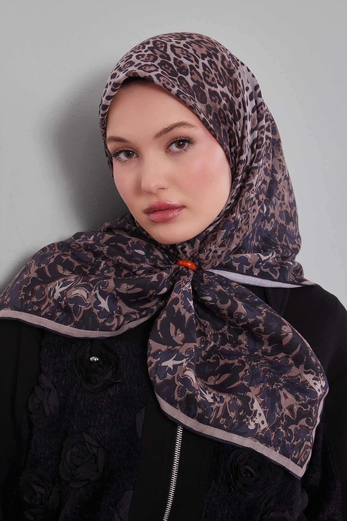 Fivescarf K.Vizon Karışık Leopar Desen Silk Coton Eşarp