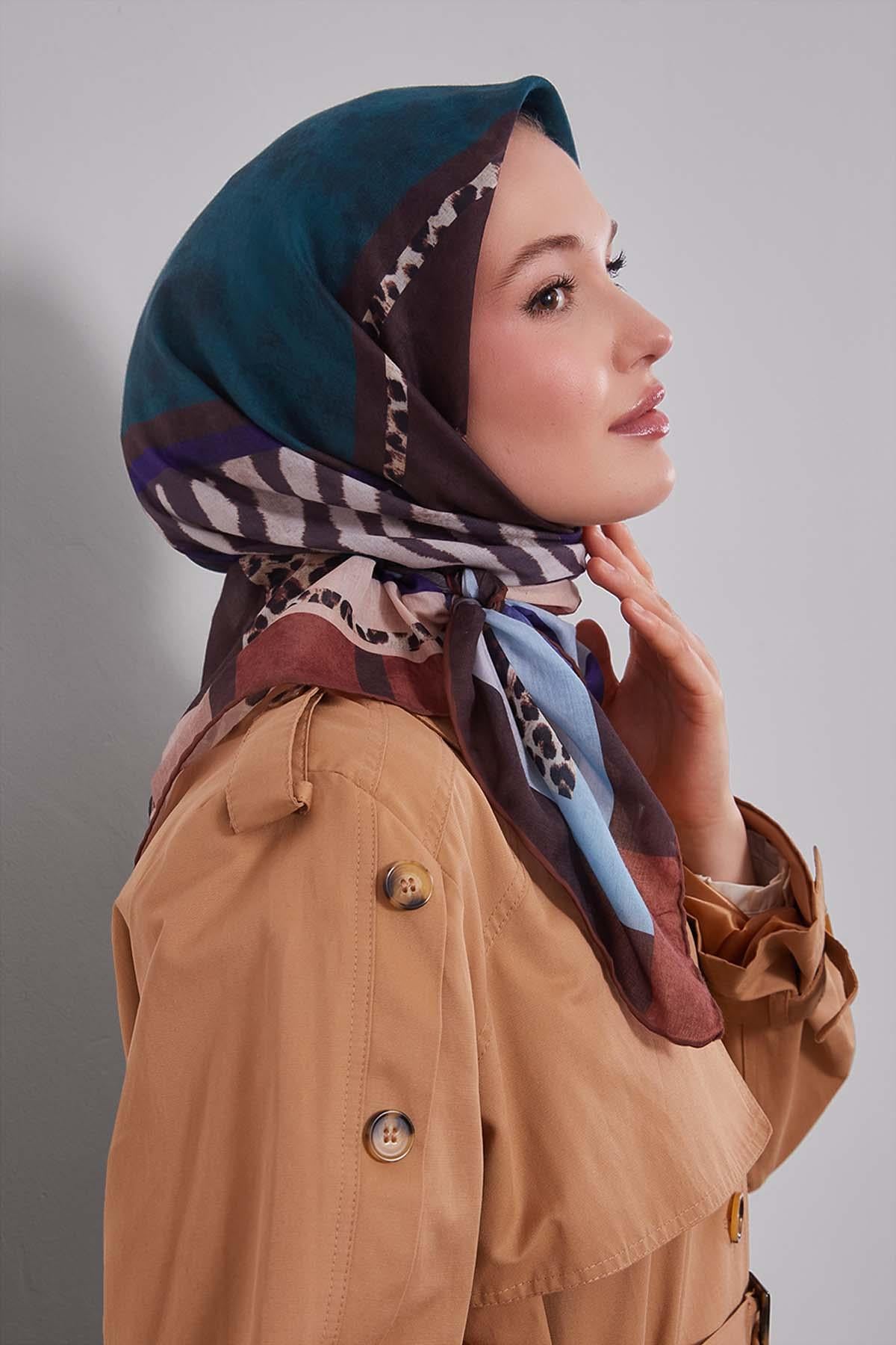 Fivescarf K.Kahve Kenar Leopar Desenli Slik Coton Eşarp