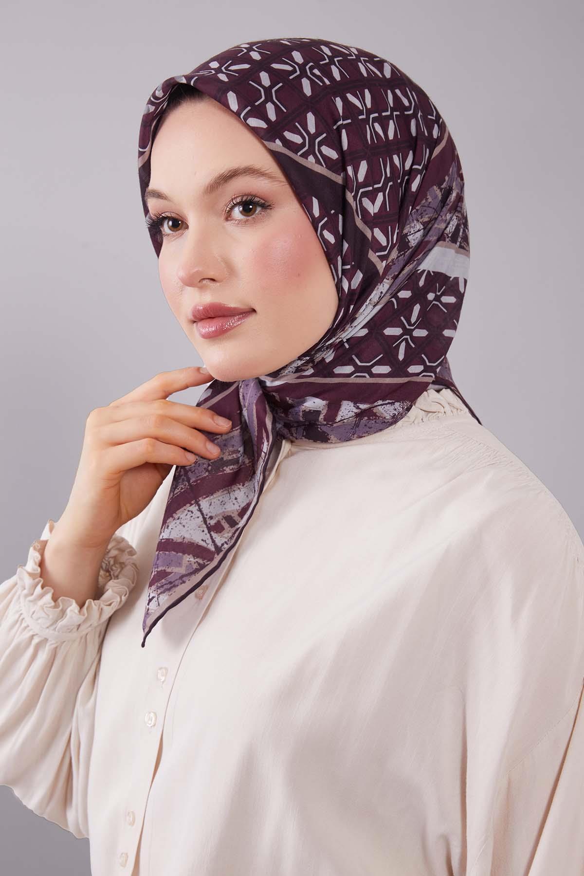 Fivescarf K.Mor Geometri Desen Silk Cotton Eşarp