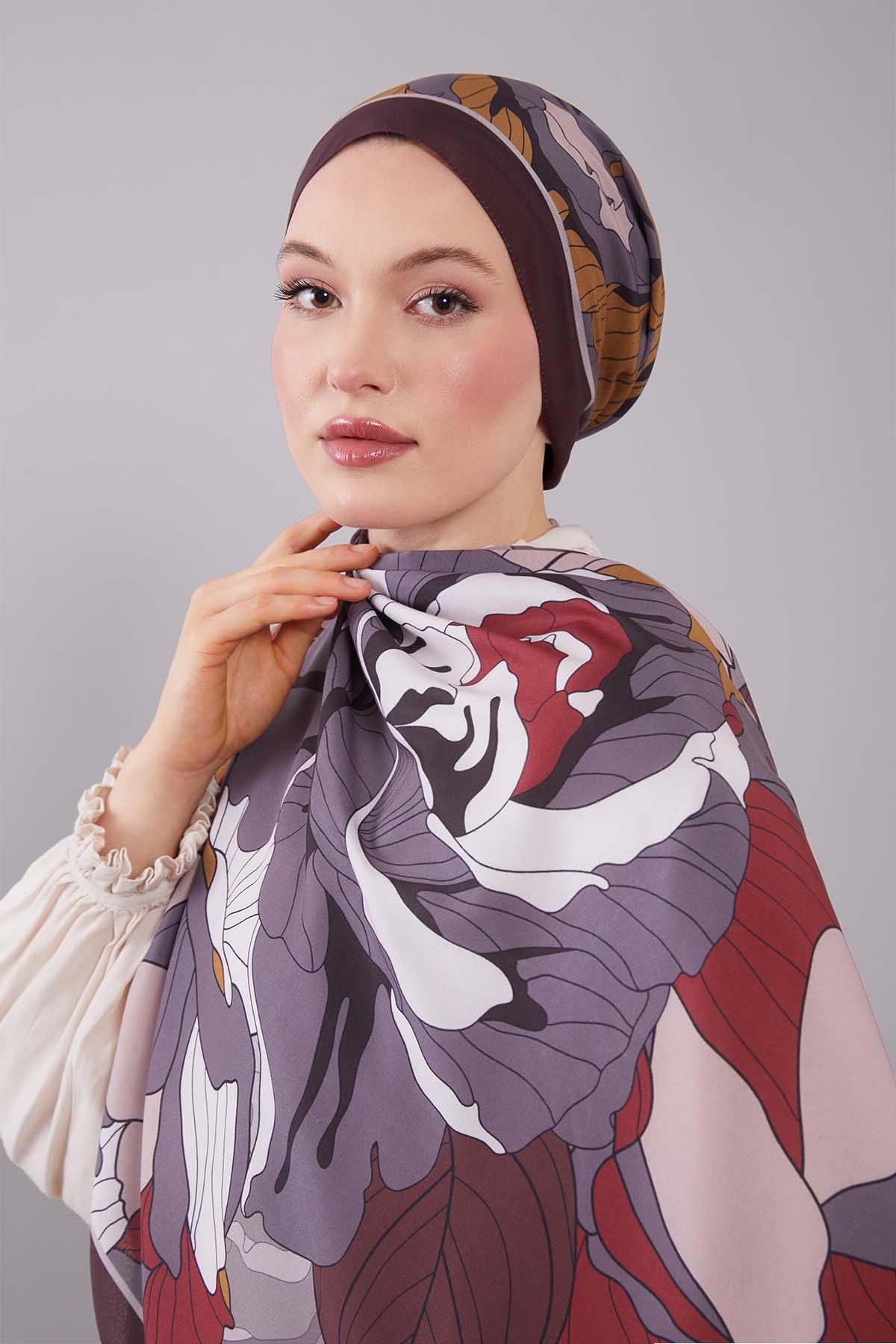 Fivescarf K.Kahve Çiçekli Floral Desen Moos Chrep Şal