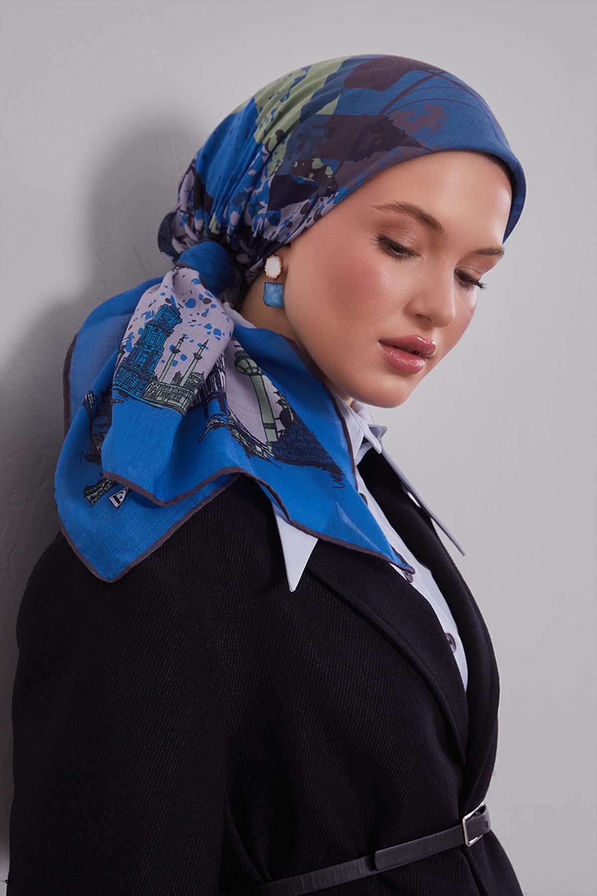 Fivescarf K.Mavi Manzara Desen Silk Coton Eşarp
