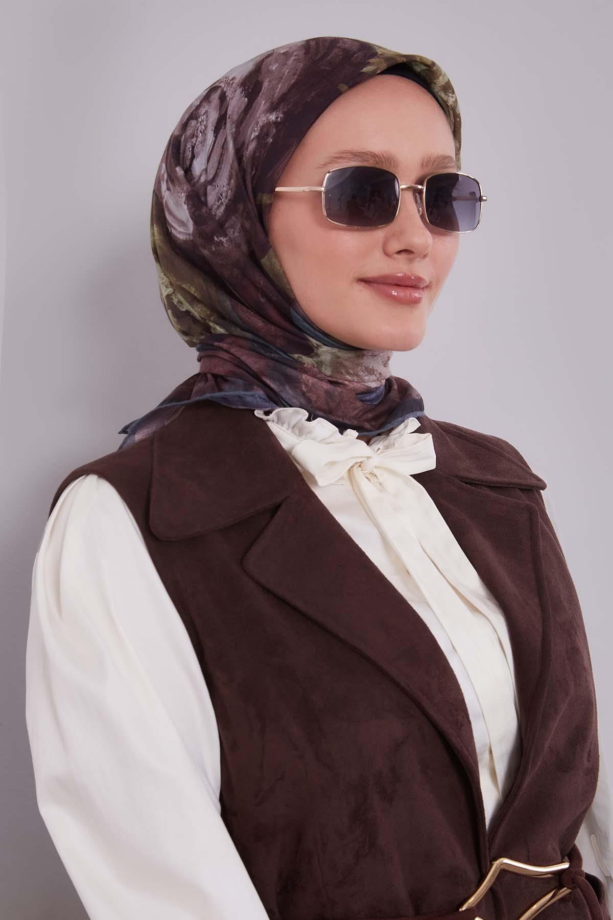 Fivescarf K.Yeşil Lale Desen Silk Coton Eşarp