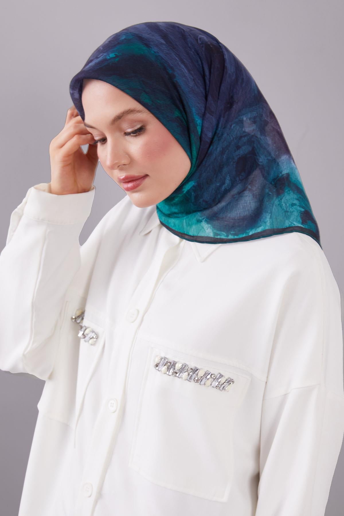 Fivescarf K.Yeşil Dalga Desen Silk Coton Eşarp