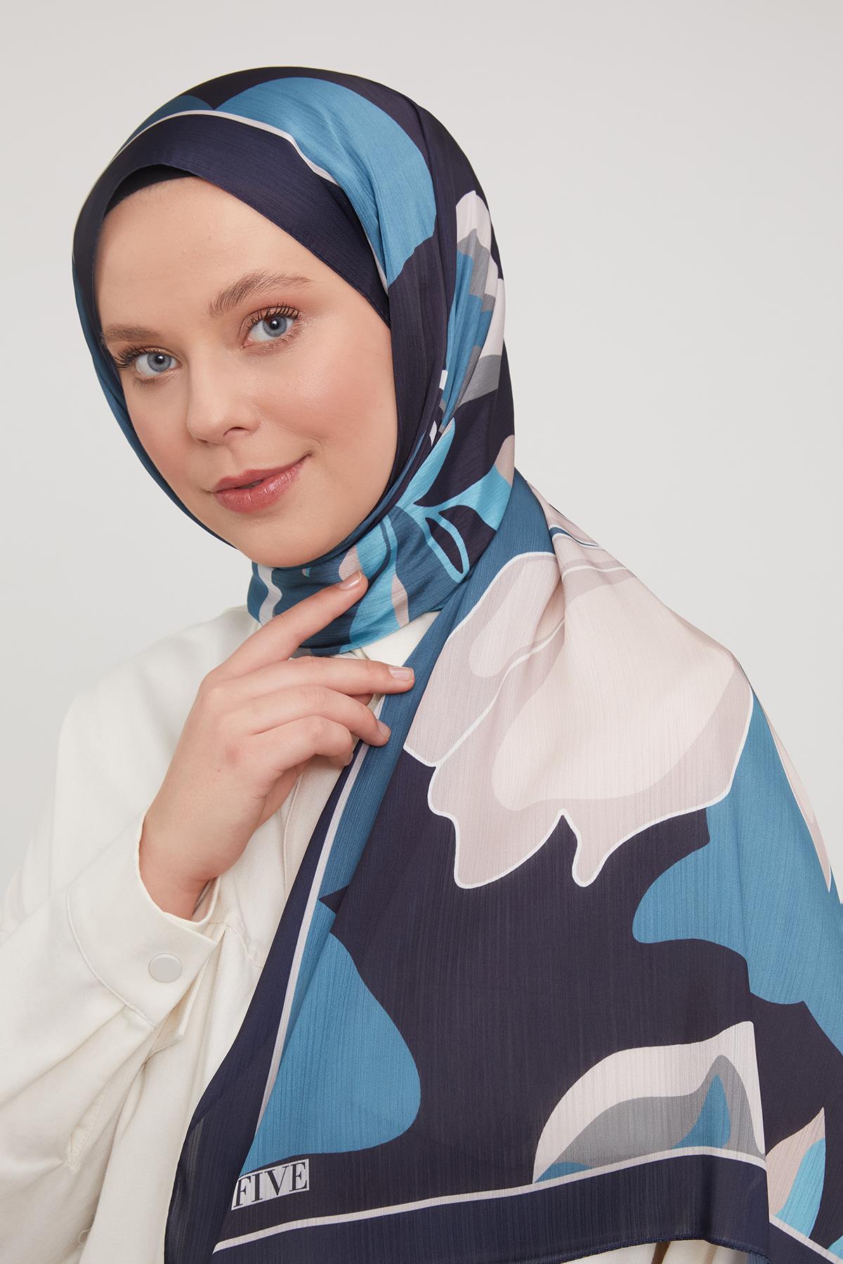 Fivescarf K.Lacivert Soyut Çiçek Desen Brand Şal