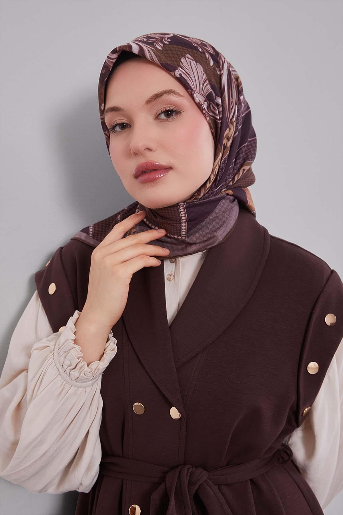 Fivescarf Kahve Boncuk Desen Silk Coton Eşarp