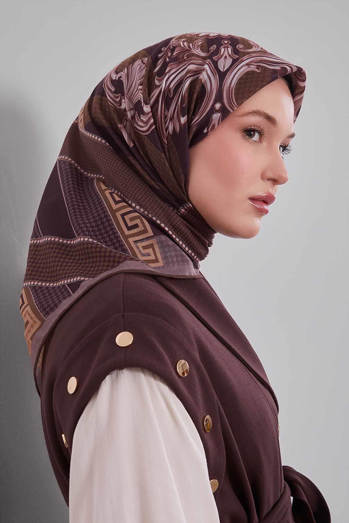 Fivescarf Kahve Boncuk Desen Silk Coton Eşarp