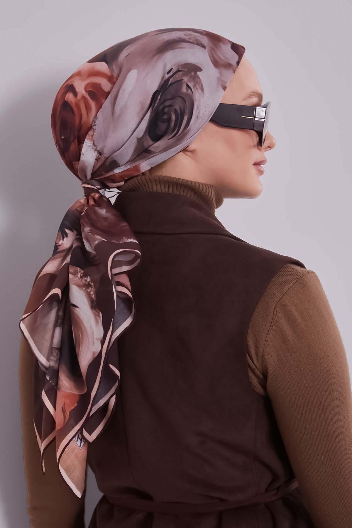 Fivescarf Kahve Çiçek Desen Slik Coton Eşarp
