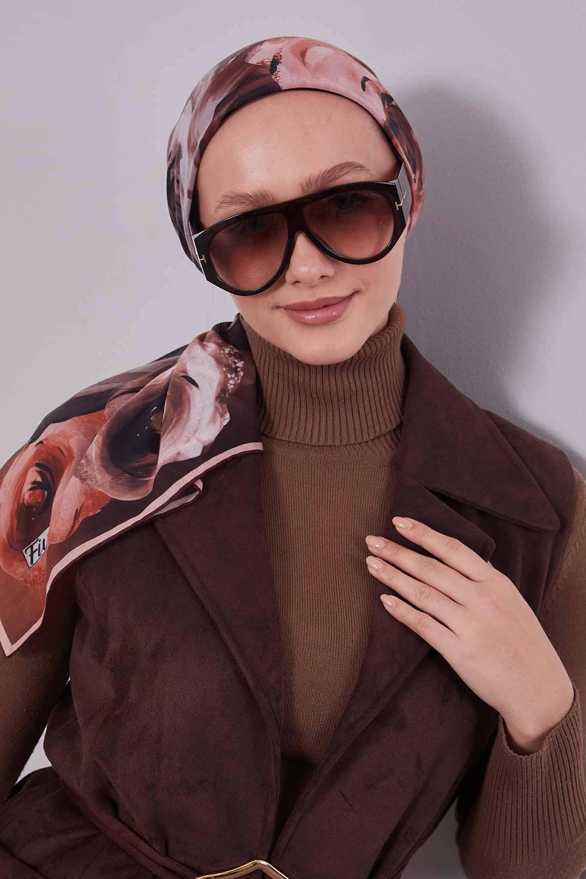 Fivescarf Kahve Çiçek Desen Slik Coton Eşarp