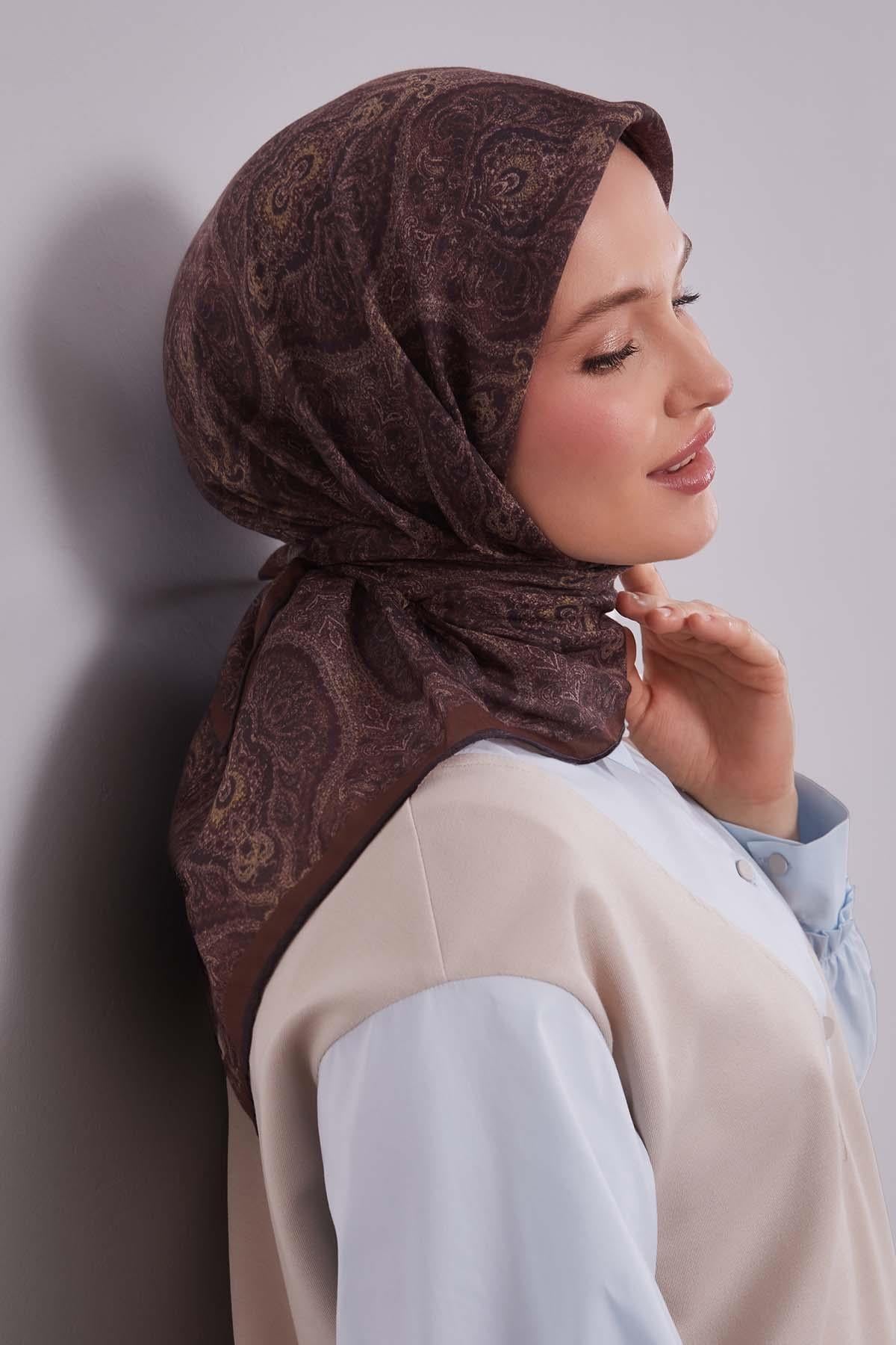 Fivescarf Kahve Çini Desen Silk Coton Eşarp