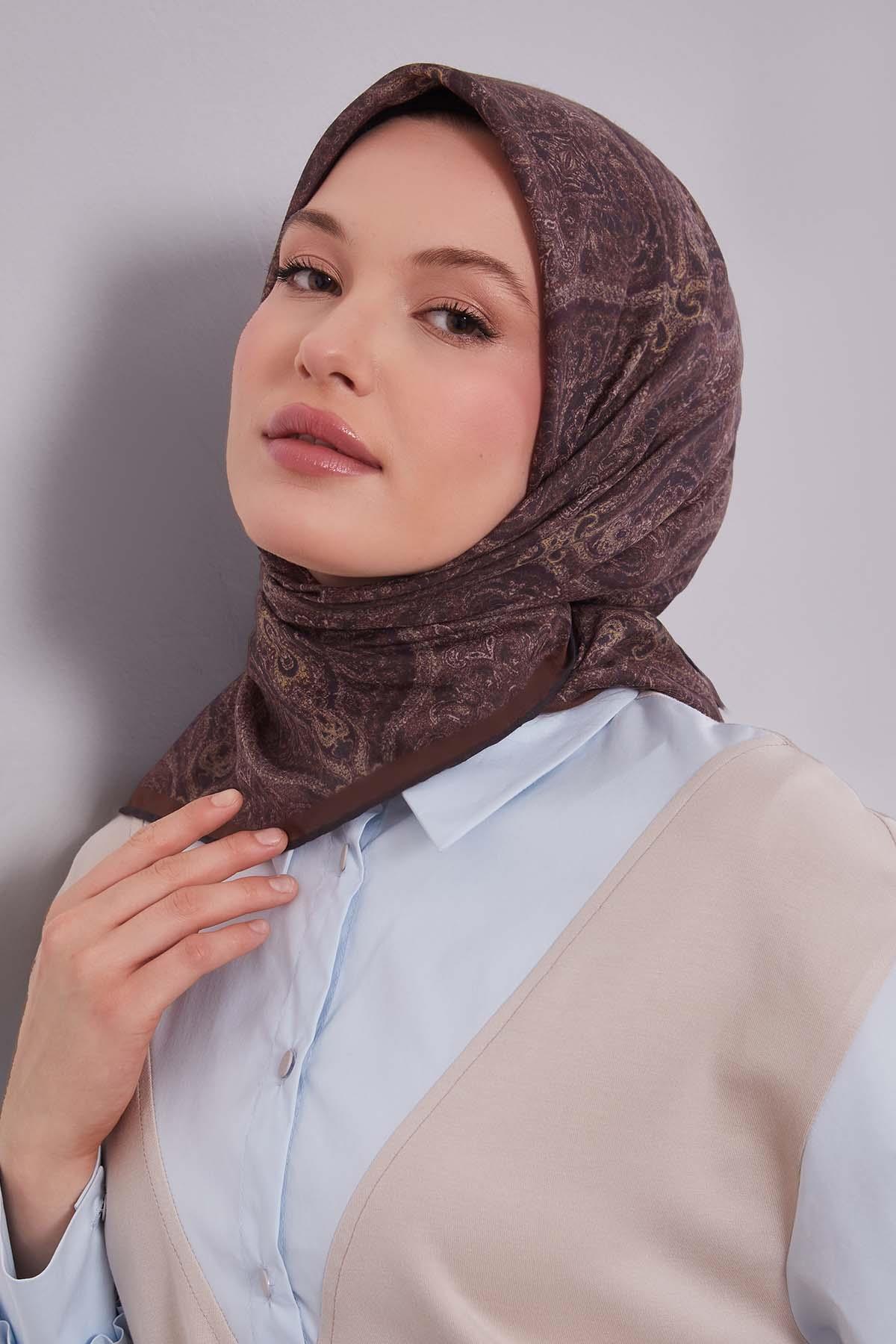 Fivescarf Kahve Çini Desen Silk Coton Eşarp