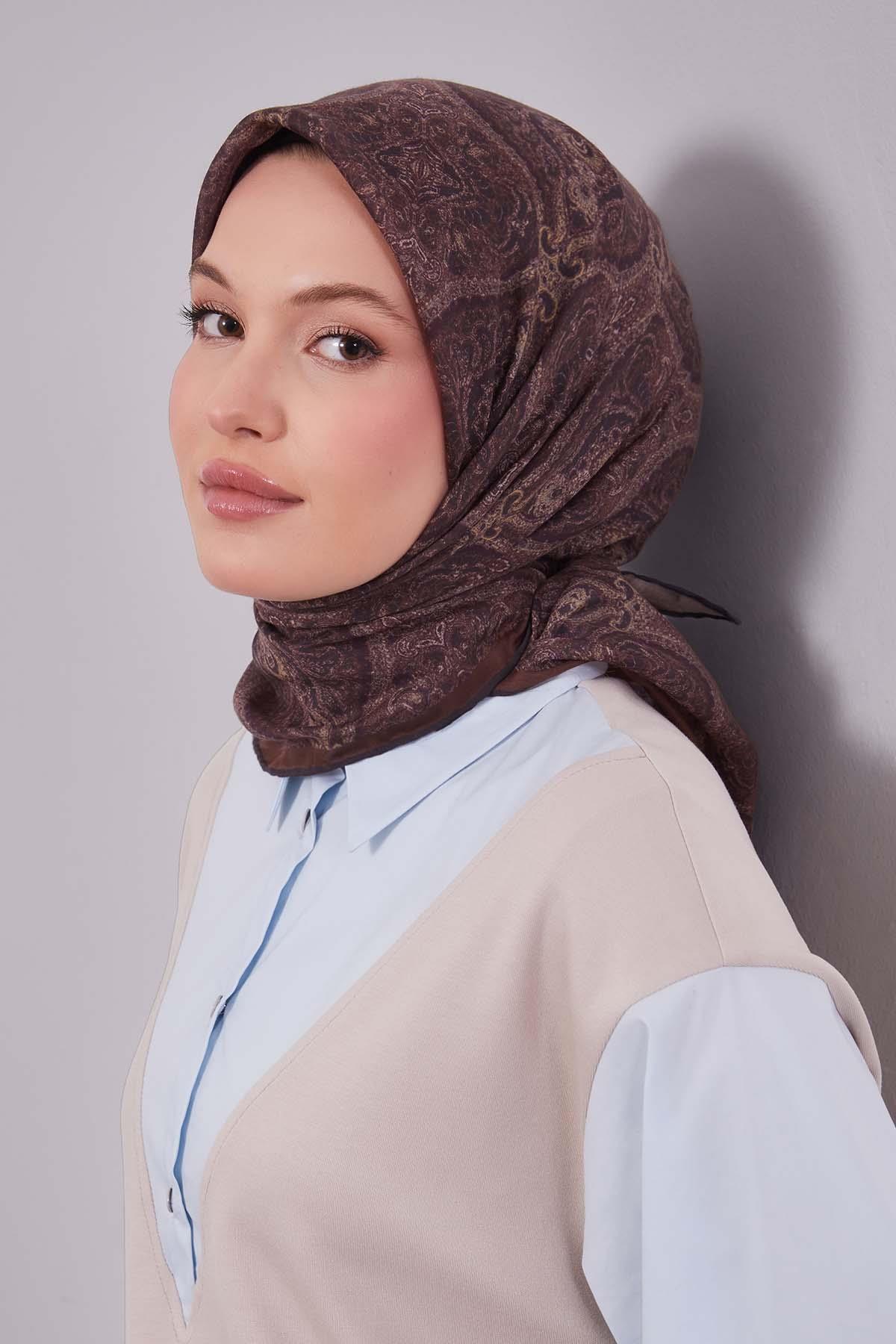 Fivescarf Kahve Çini Desen Silk Coton Eşarp