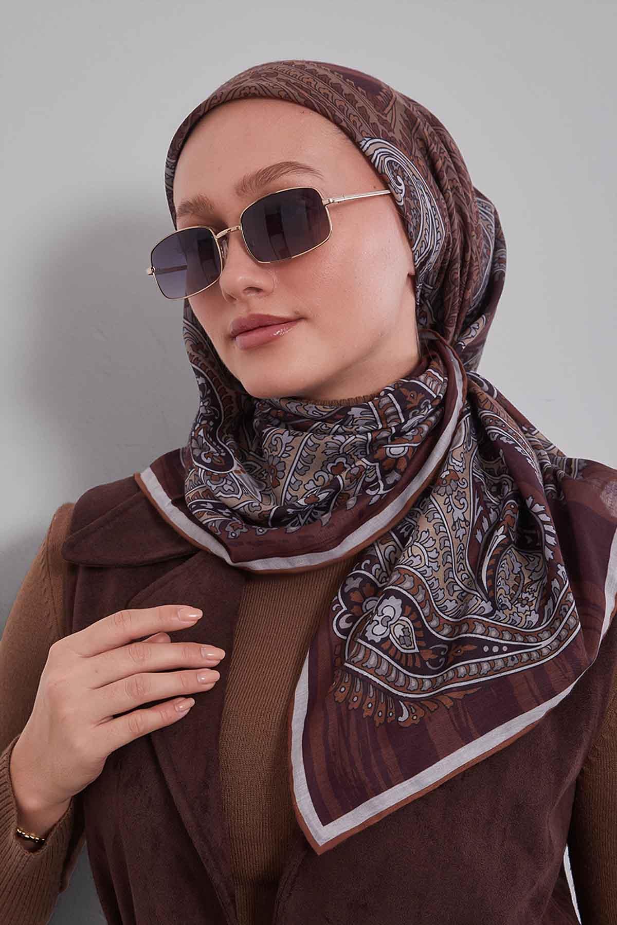 Fivescarf Kahve Ebruli Desen Silk Coton Eşarp