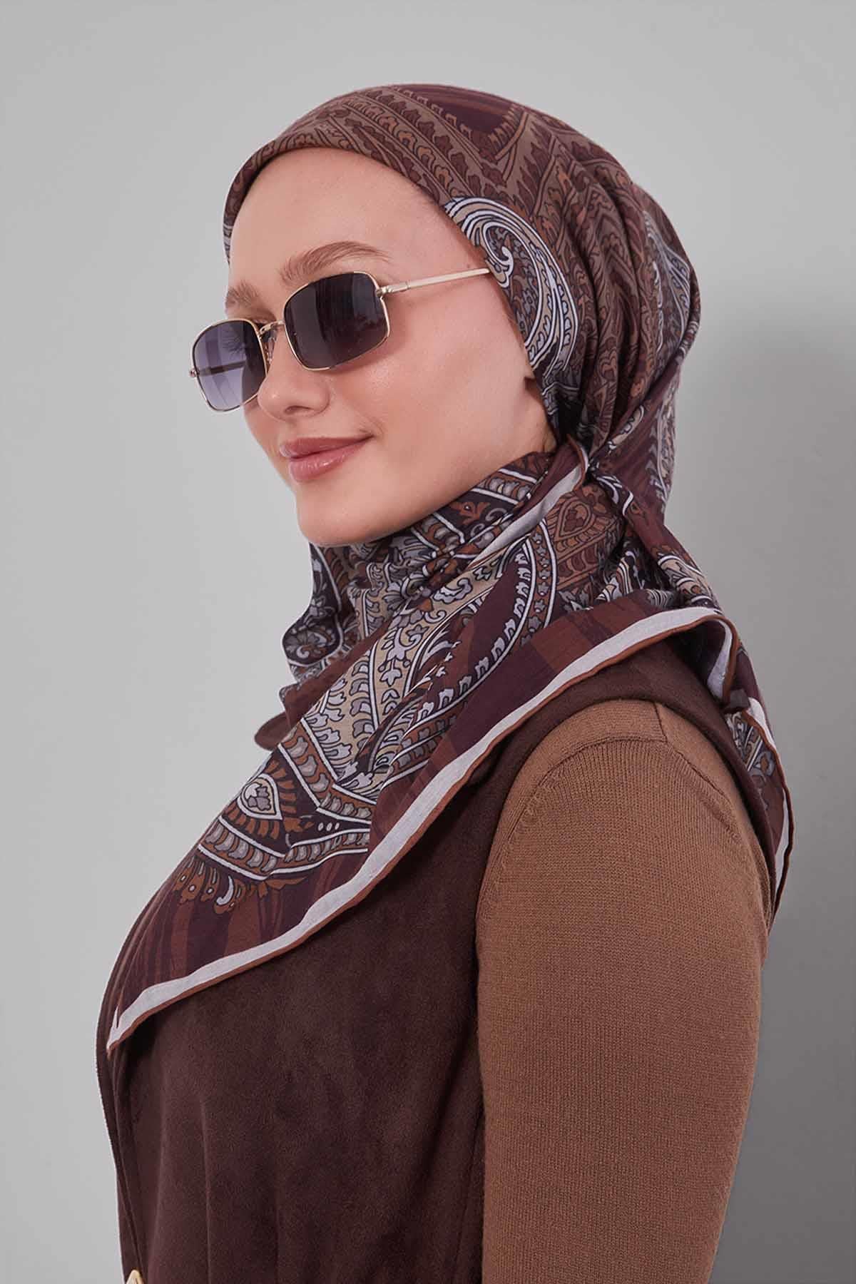 Fivescarf Kahve Ebruli Desen Silk Coton Eşarp