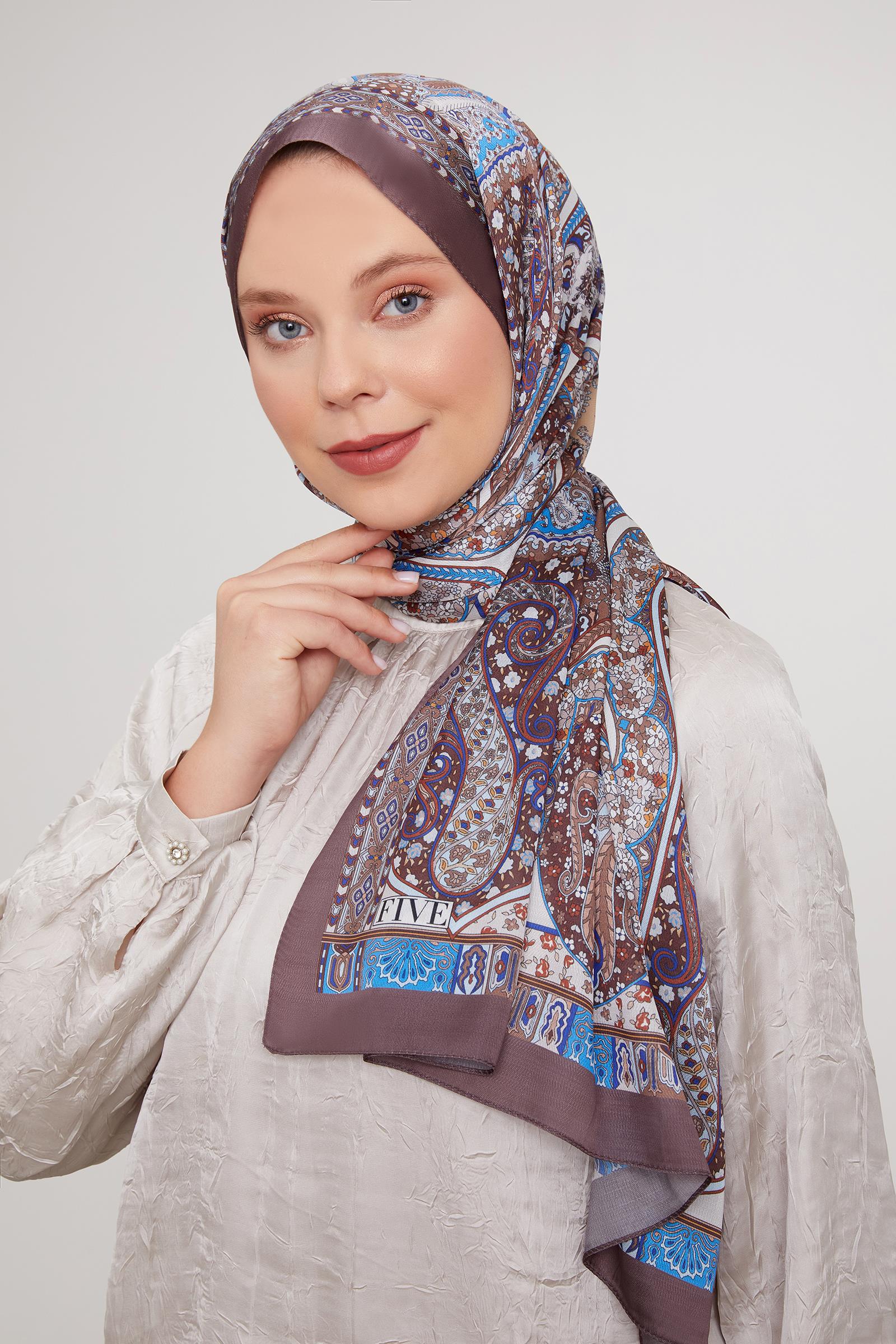 Fivescarf Kahve Etnik Baskılı Vual İpek Şal