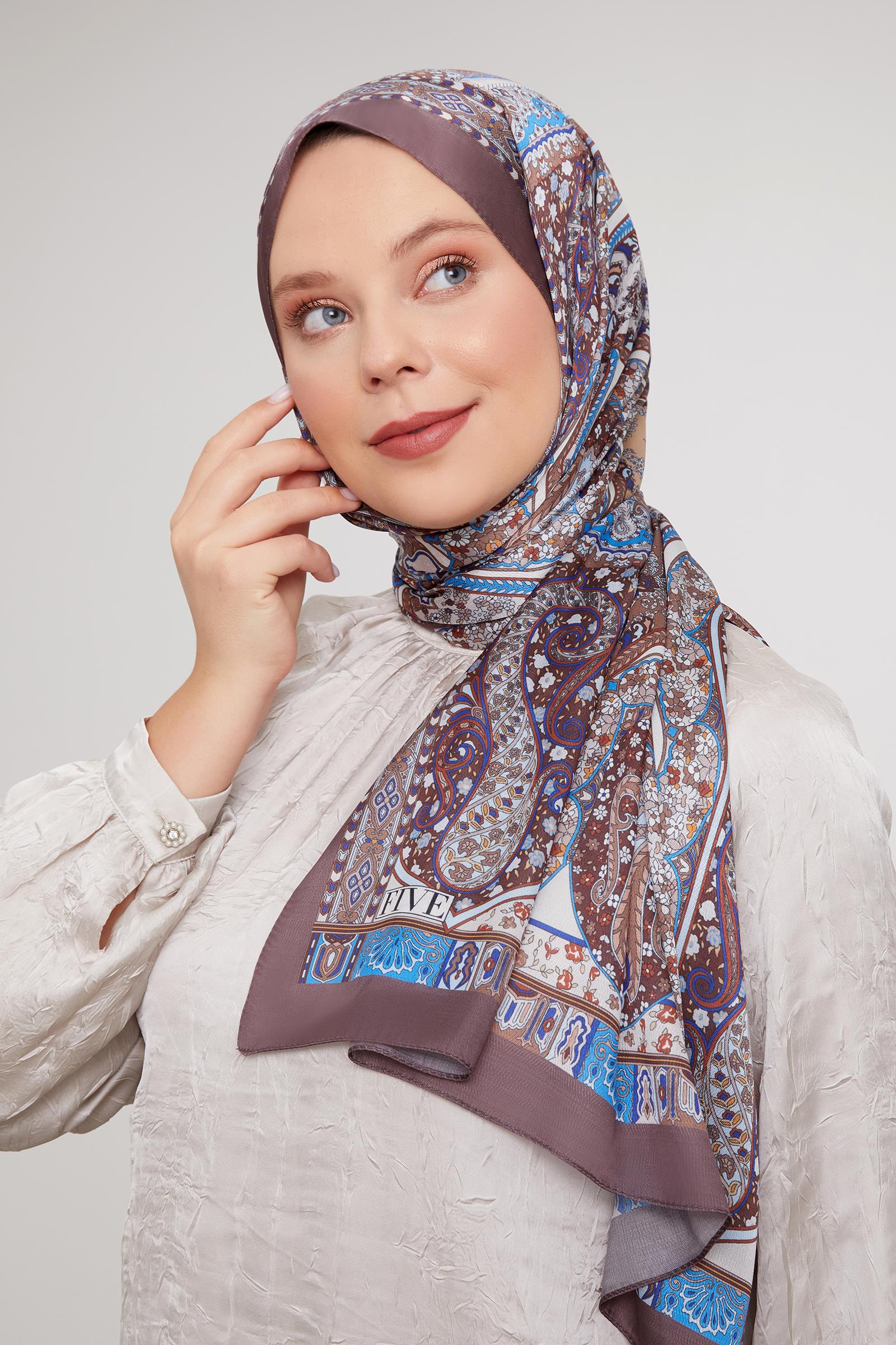 Fivescarf Kahve Etnik Baskılı Vual İpek Şal