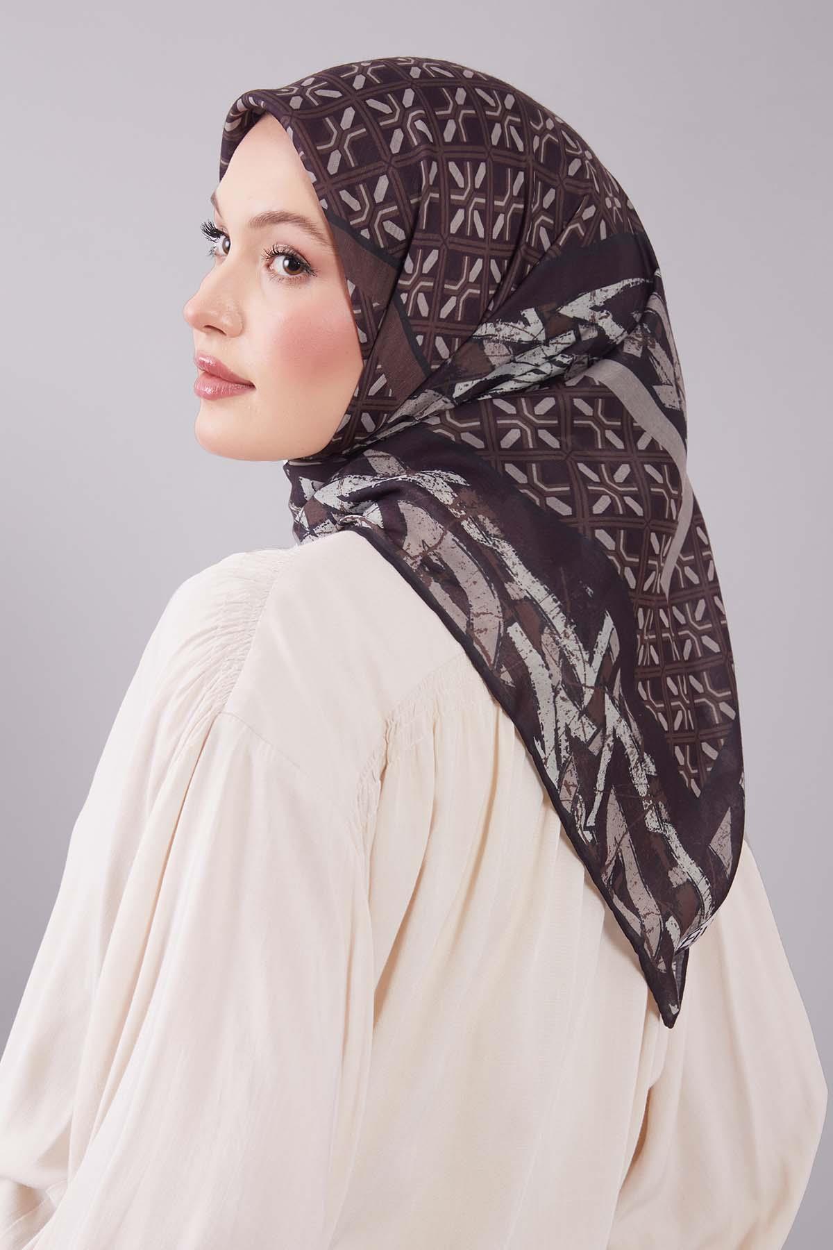 Fivescarf Kahve Geometri Desen Silk Cotton Eşarp