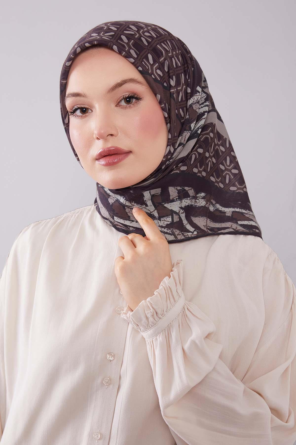 Fivescarf Kahve Geometri Desen Silk Cotton Eşarp