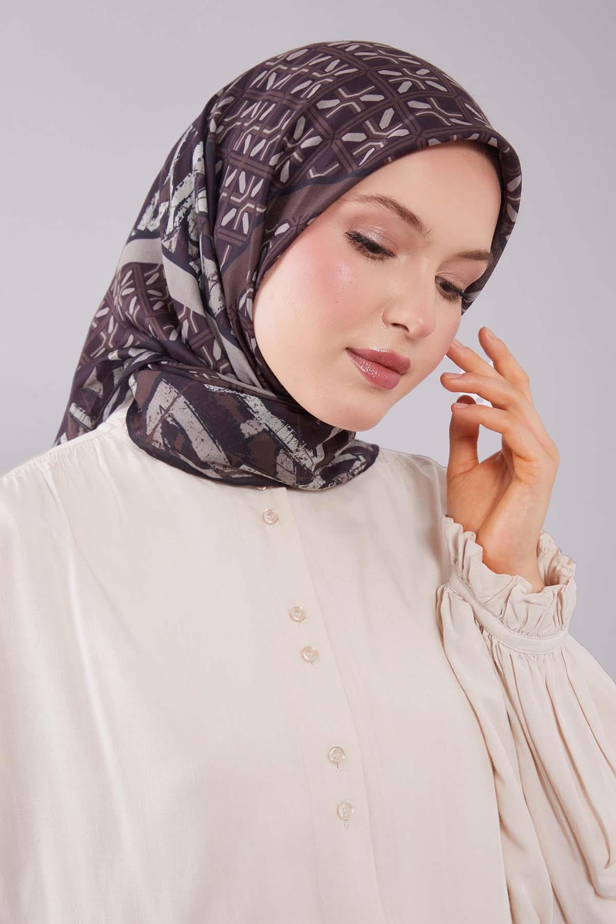Fivescarf Kahve Geometri Desen Silk Cotton Eşarp