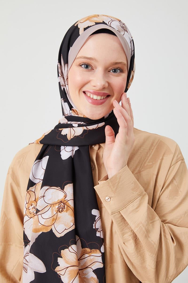 Fivescarf Kahve Gül Desen Violet Medine İpeği Şal