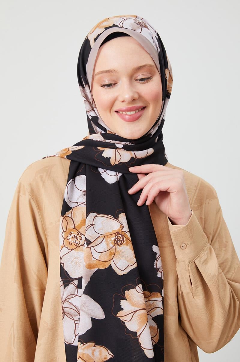 Fivescarf Kahve Gül Desen Violet Medine İpeği Şal