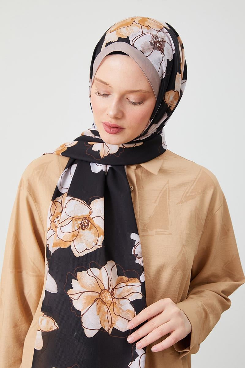 Fivescarf Kahve Gül Desen Violet Medine İpeği Şal