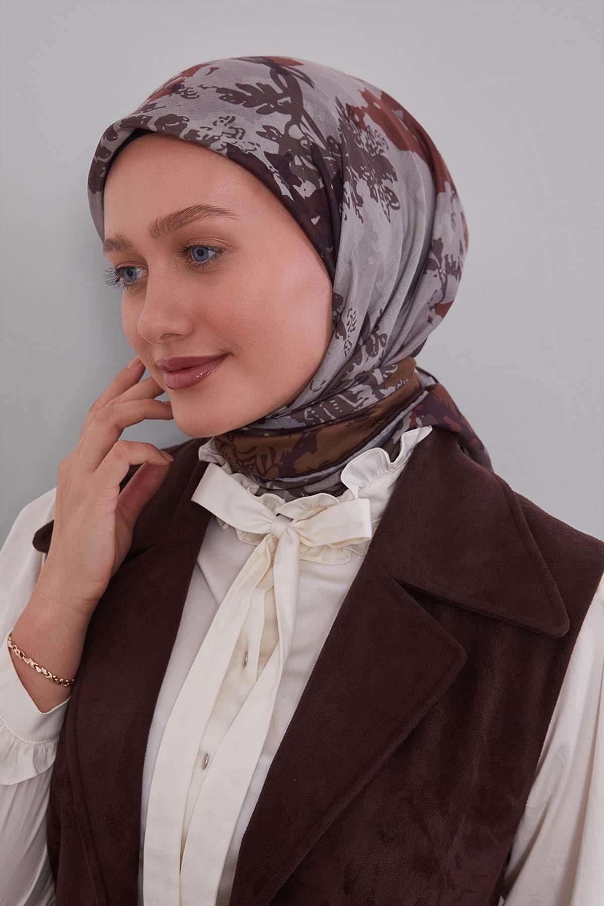 Fivescarf Kahve Karışık Desen Silk Coton Eşarp
