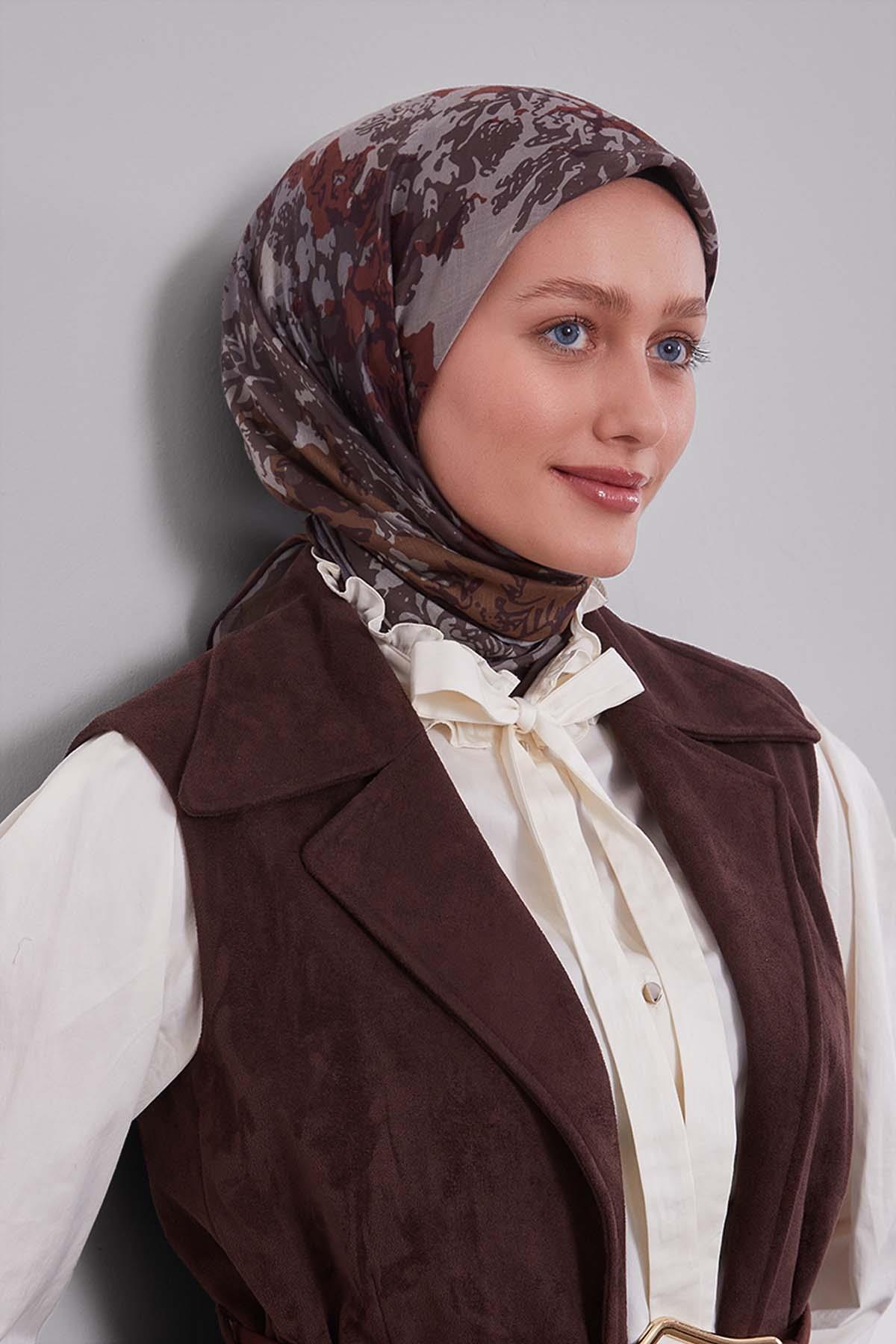 Fivescarf Kahve Karışık Desen Silk Coton Eşarp
