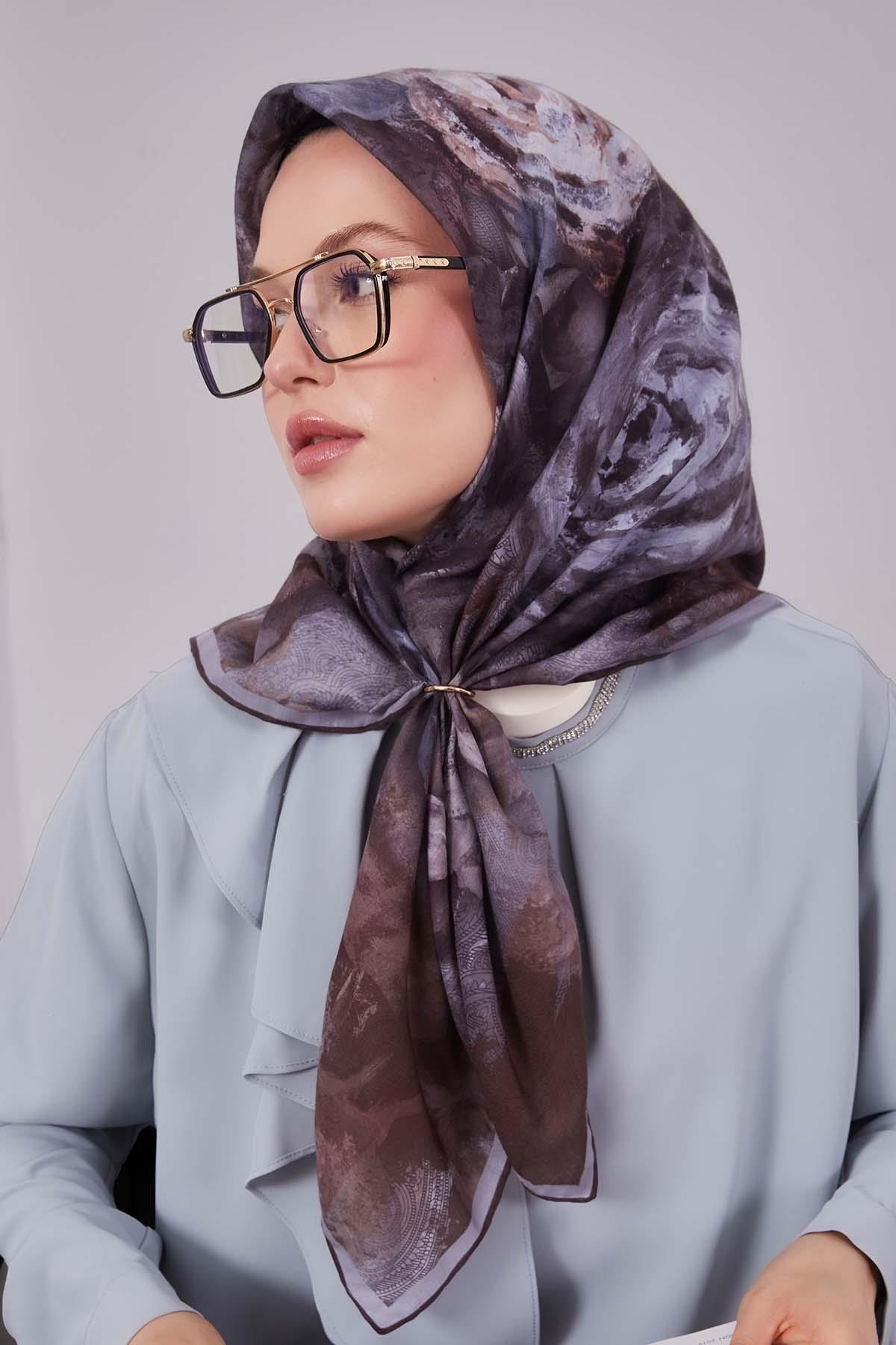 Fivescarf Kahve Lale Desen Silk Coton Eşarp