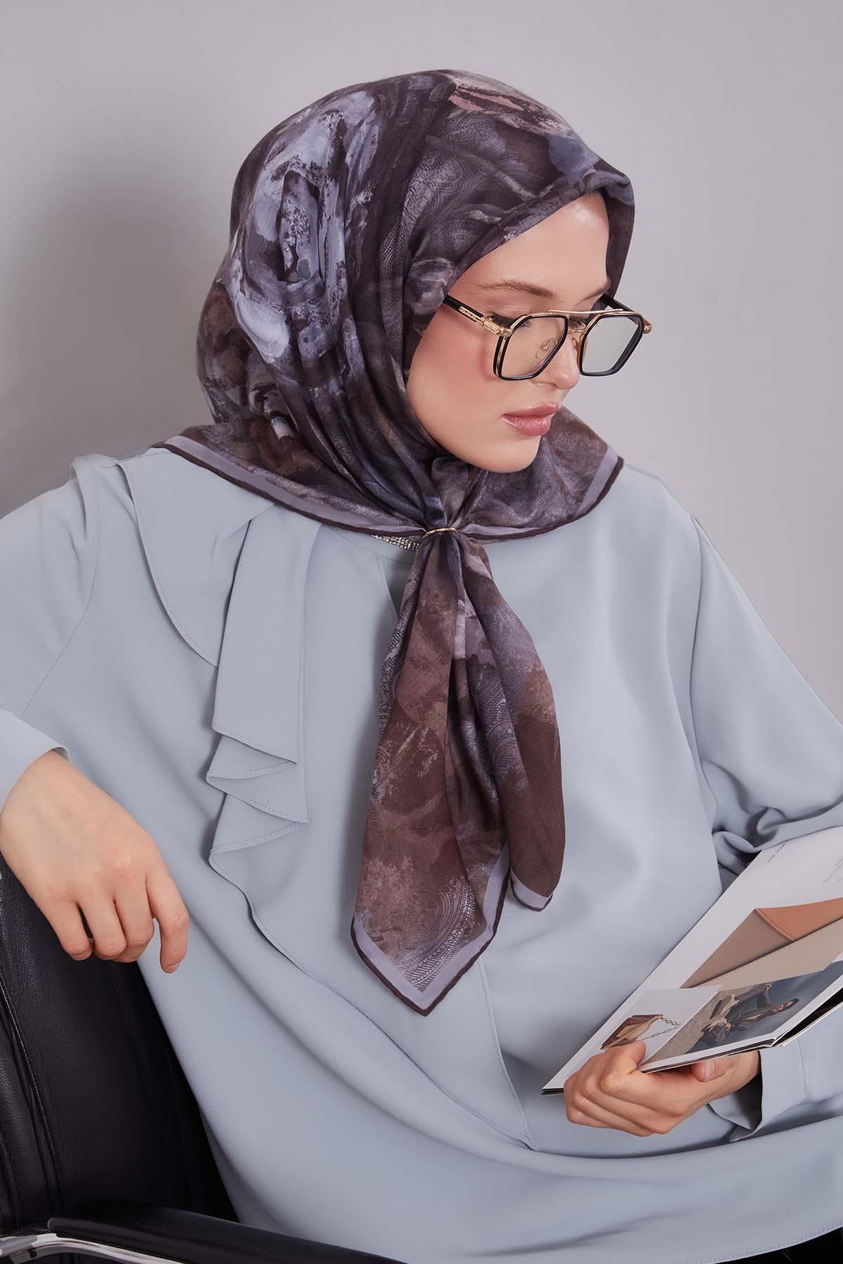 Fivescarf Kahve Lale Desen Silk Coton Eşarp