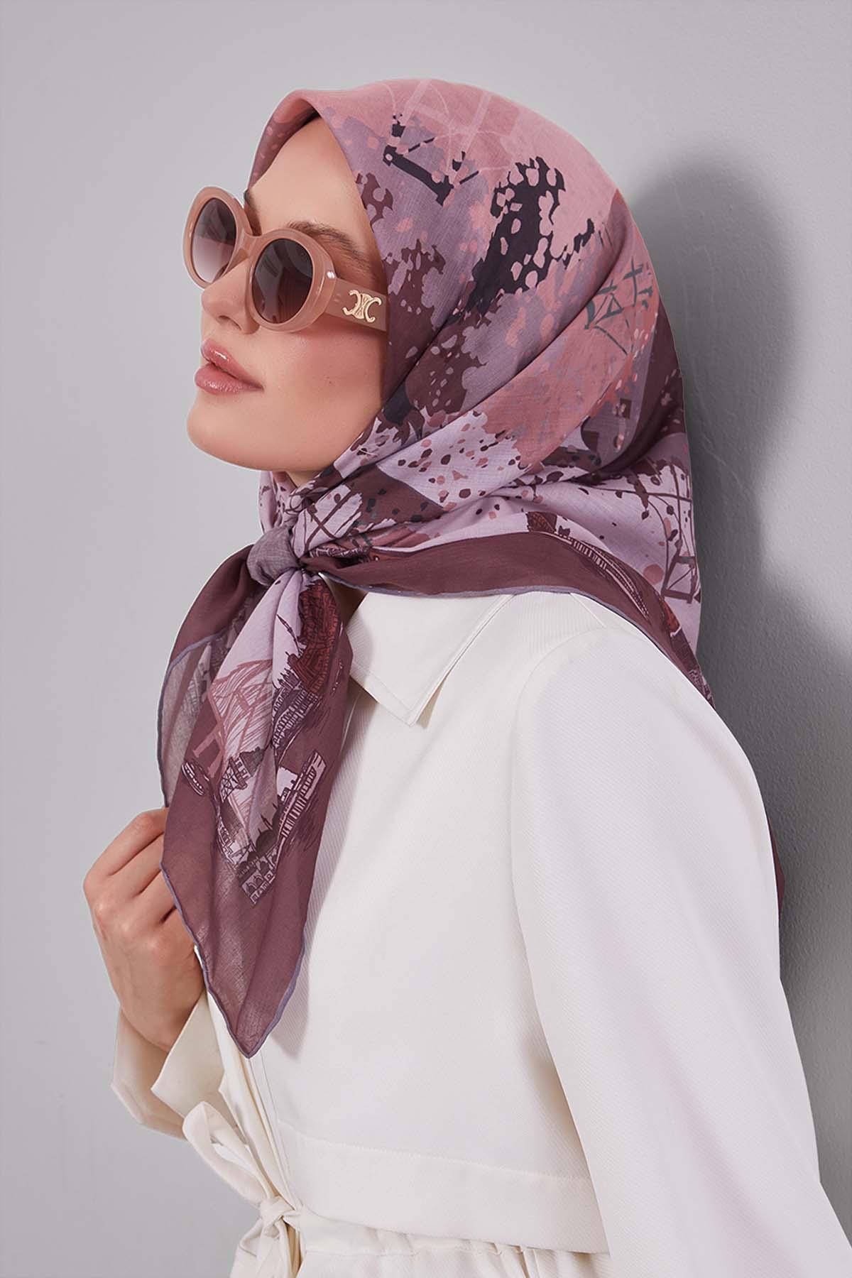 Fivescarf Kahve Manzara Desen Silk Coton Eşarp