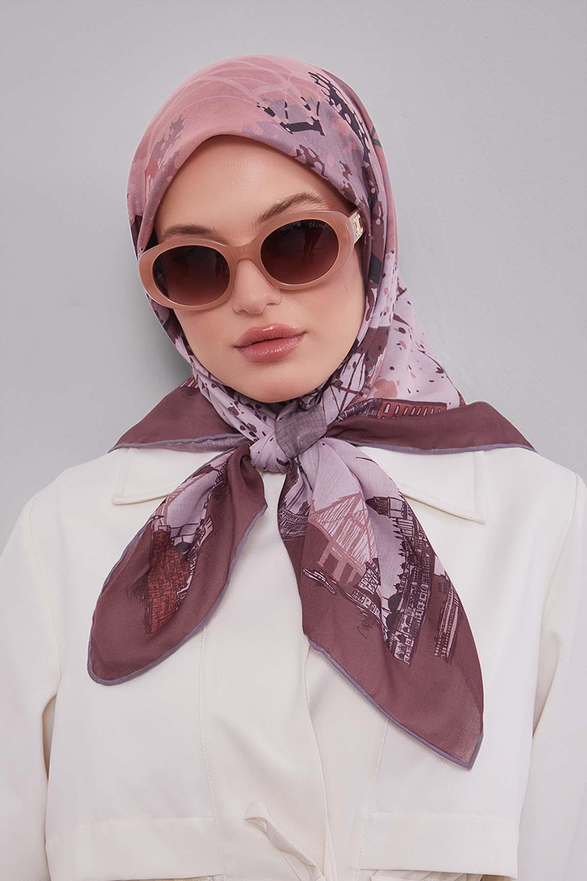 Fivescarf Kahve Manzara Desen Silk Coton Eşarp