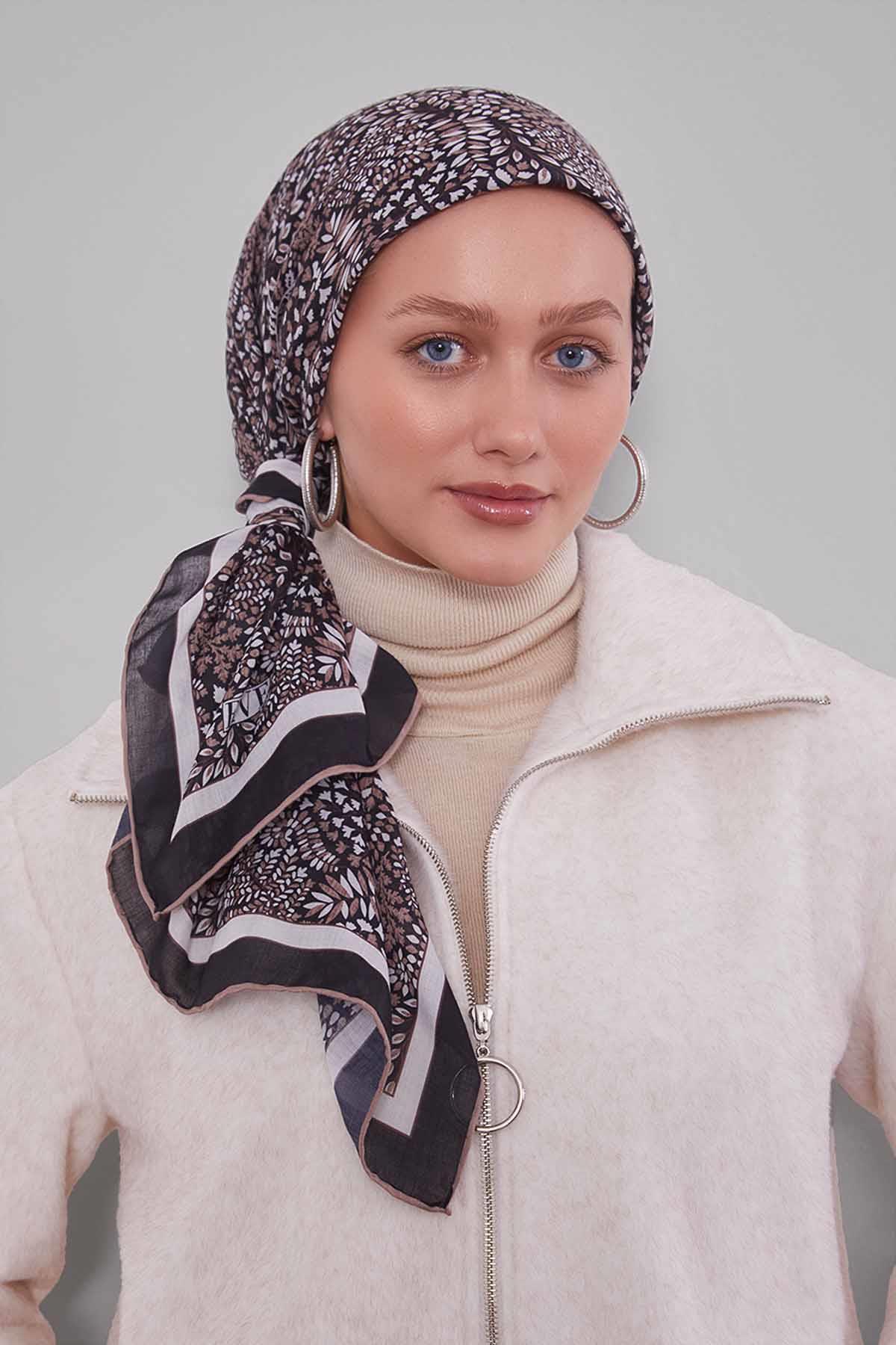 Fivescarf Kahve Mini Yaprak Desen Silk Coton Eşarp