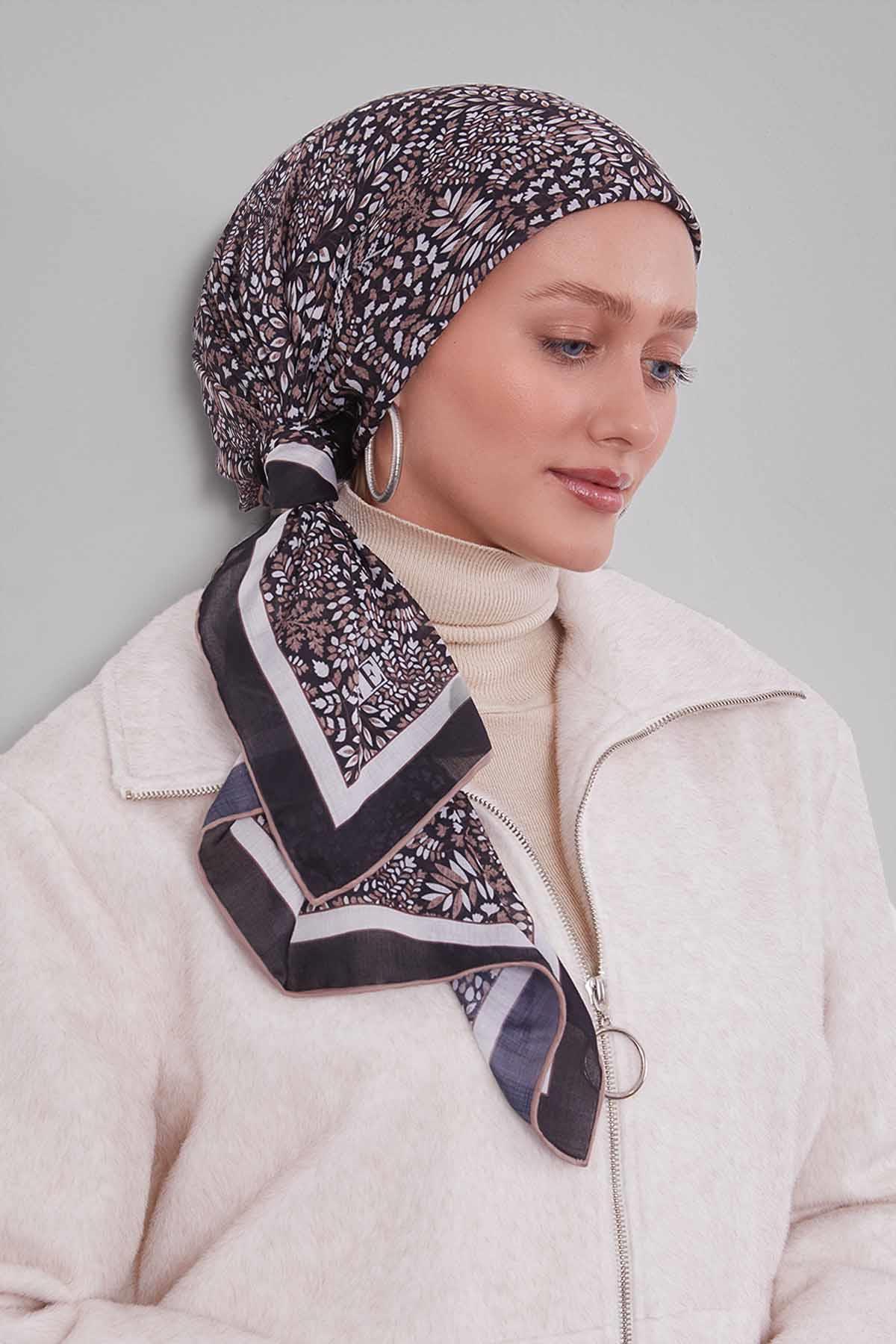 Fivescarf Kahve Mini Yaprak Desen Silk Coton Eşarp