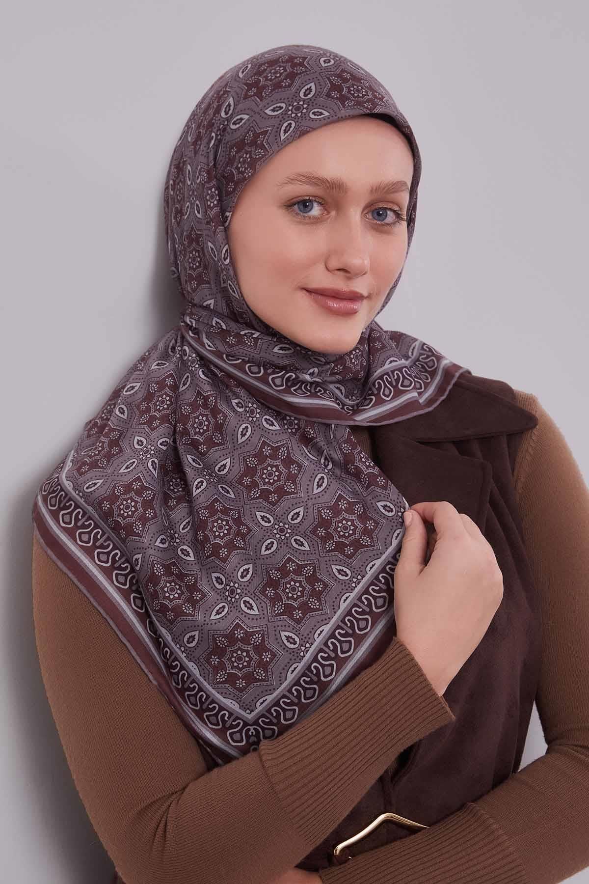 Fivescarf Kahve Motif Desen Silk Coton Eşarp