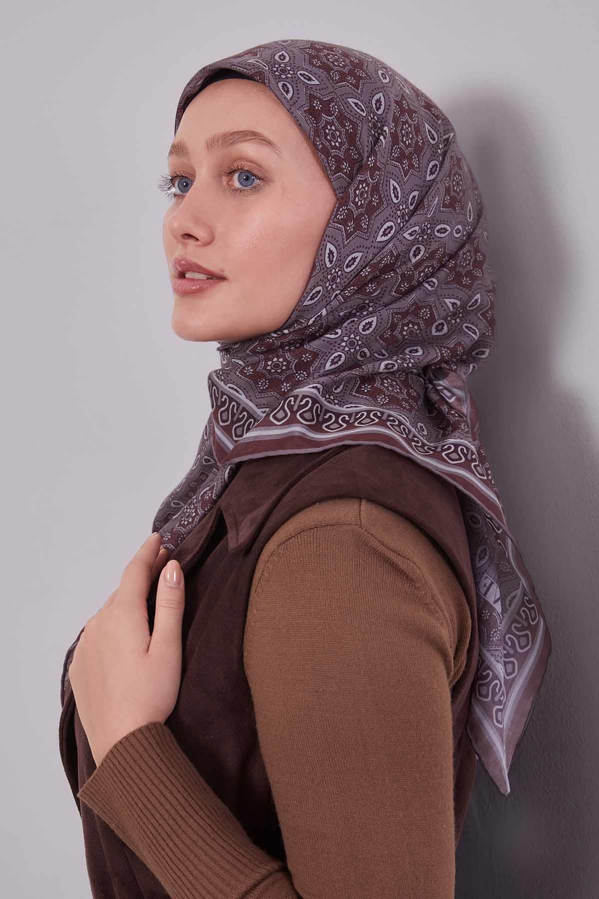 Fivescarf Kahve Motif Desen Silk Coton Eşarp