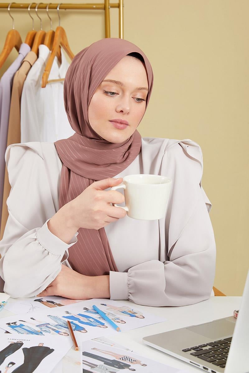 Fivescarf Kahverengi Çizgili Desen Mood Medine İpeği Şal