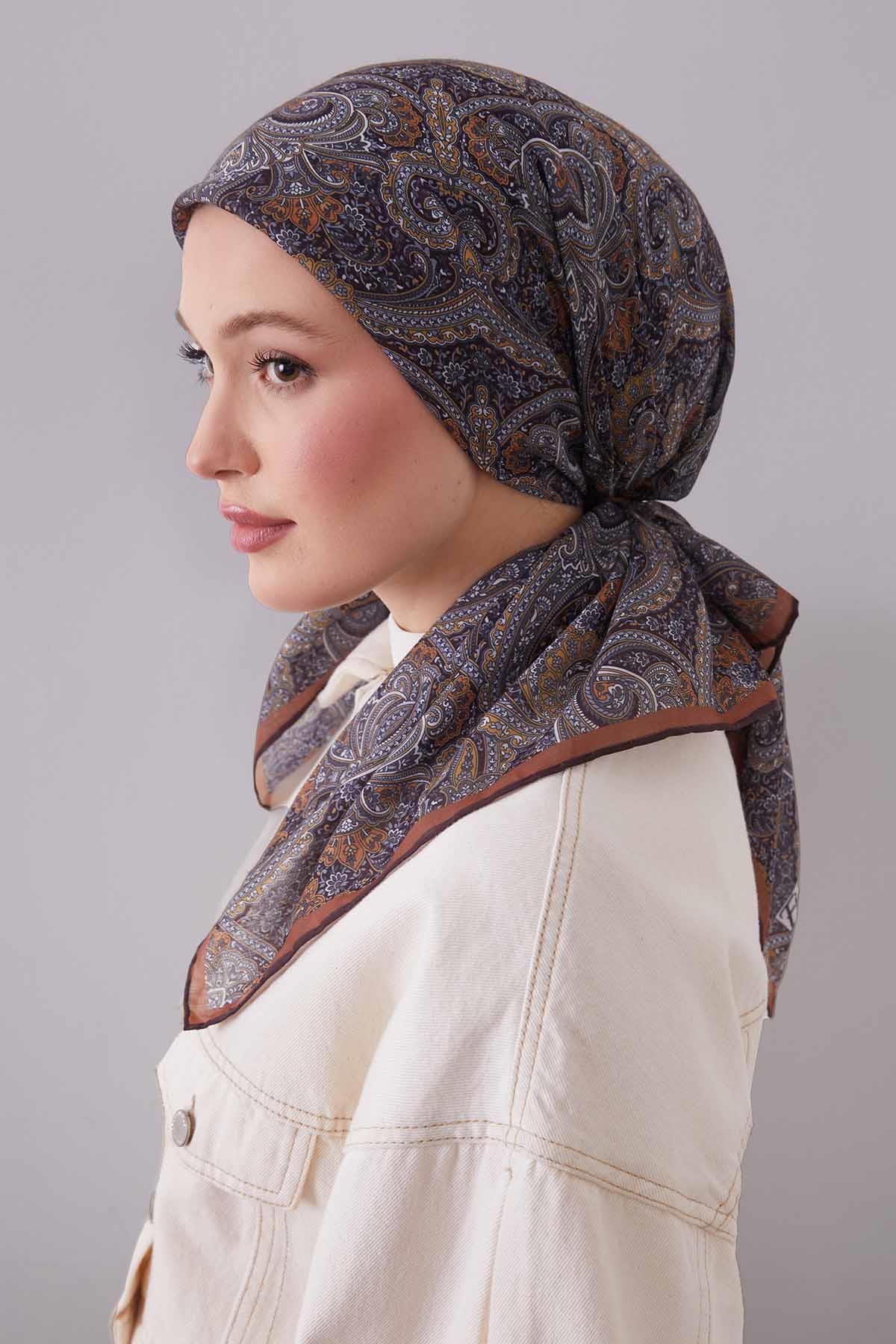 Fivescarf Kiremit Etnik Desen Silk Cotton Eşarp