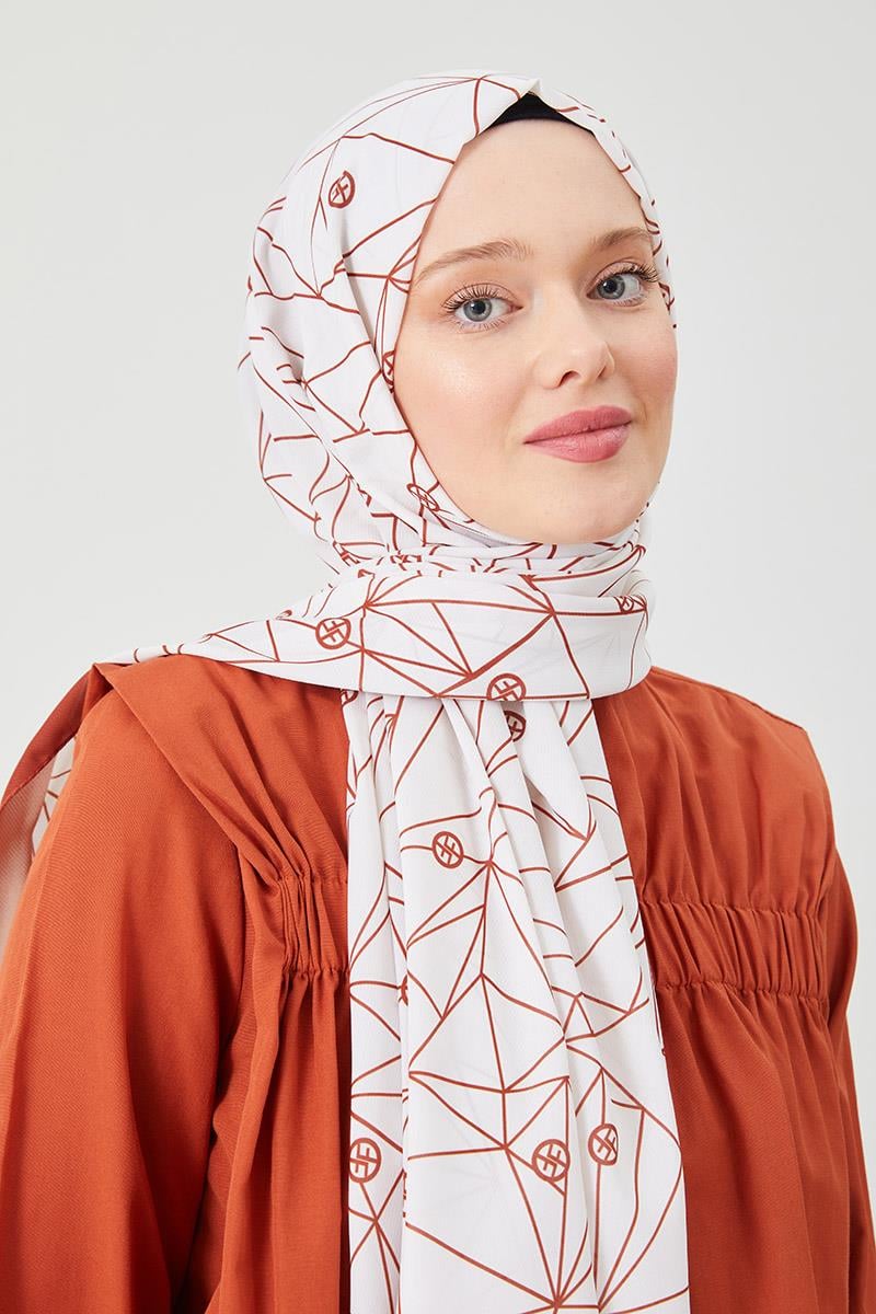 Fivescarf Kiremit Geometrik Desen Violet Medine İpeği Şal