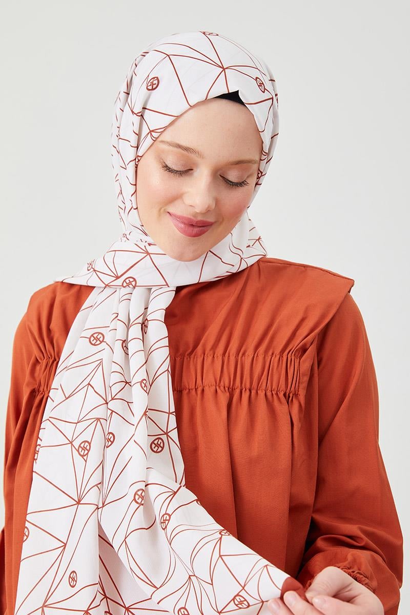 Fivescarf Kiremit Geometrik Desen Violet Medine İpeği Şal