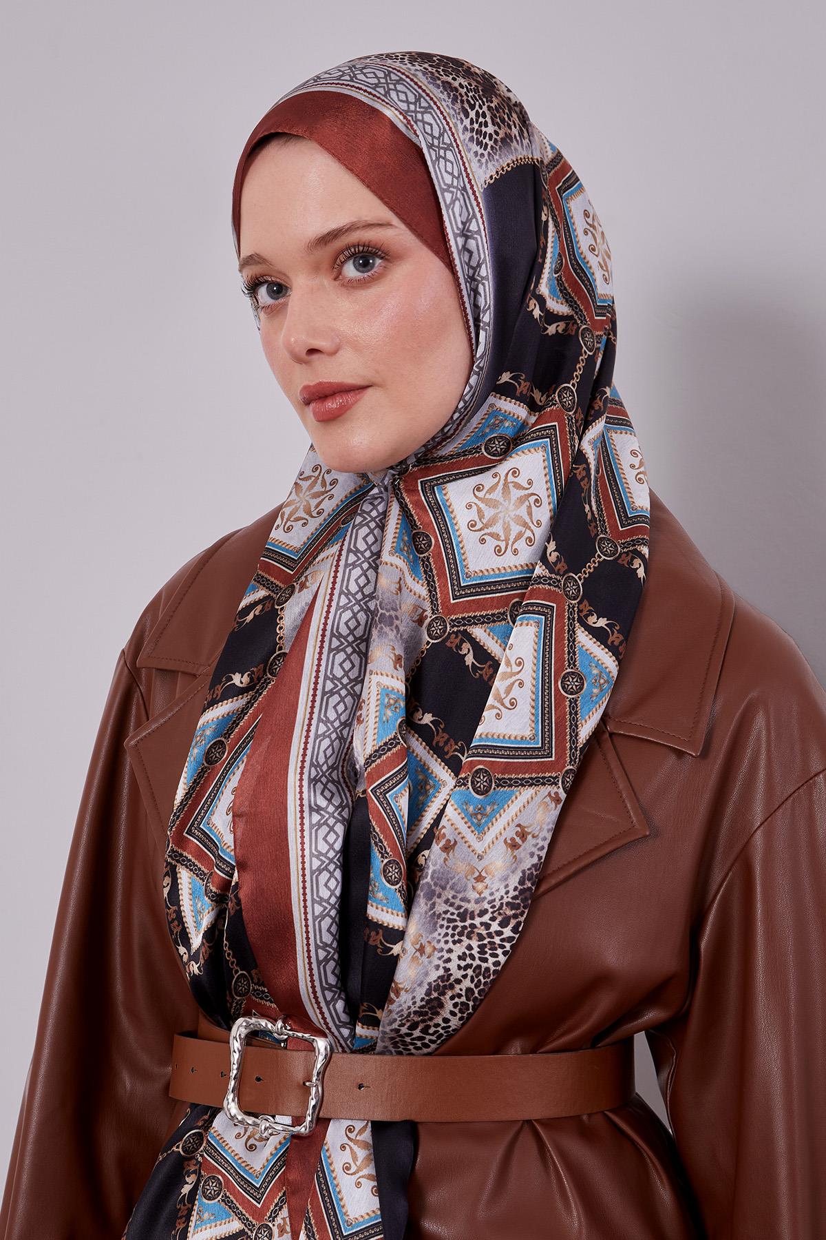 Fivescarf Kiremit Geometrik Desen Vual İpek Şal