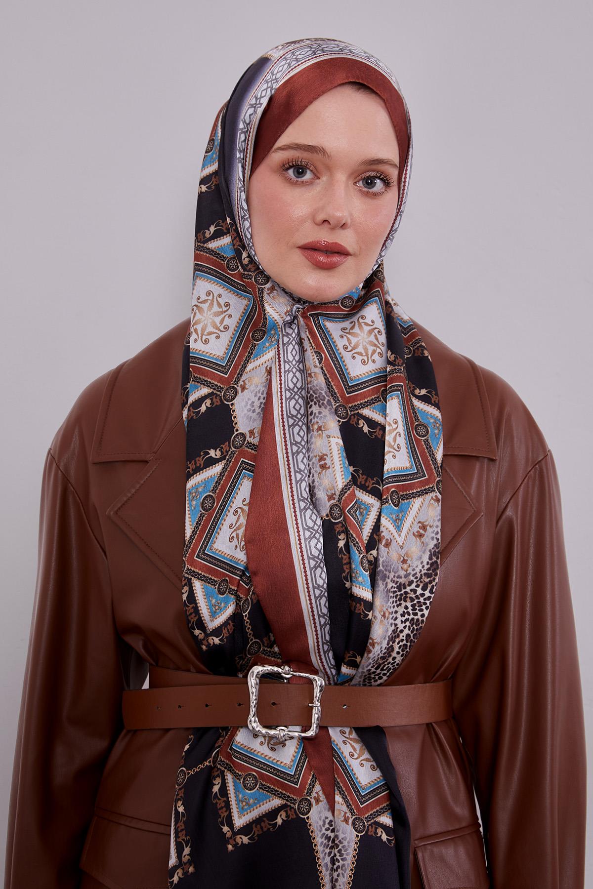 Fivescarf Kiremit Geometrik Desen Vual İpek Şal
