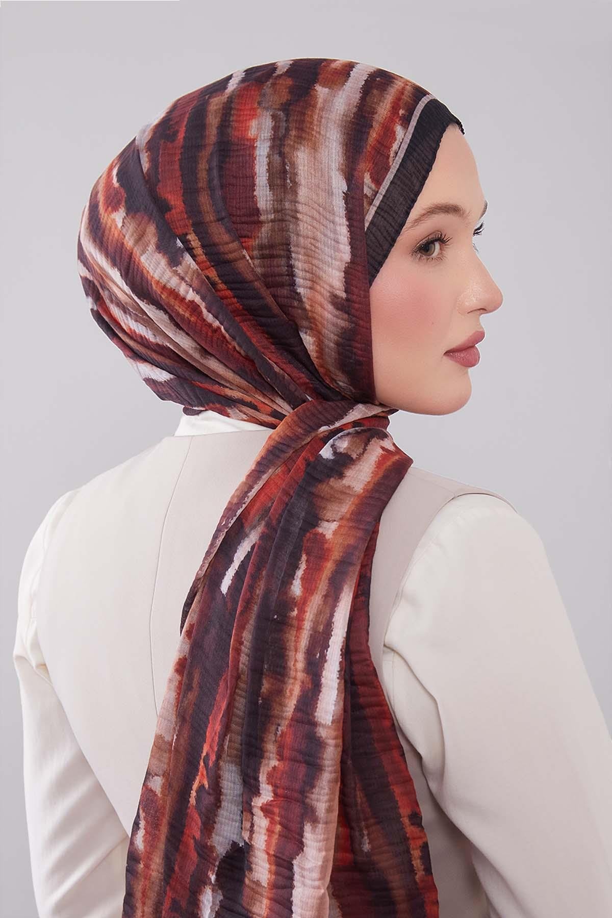 Fivescarf Kiremit Harmal Desen Müslin Cotton Şal