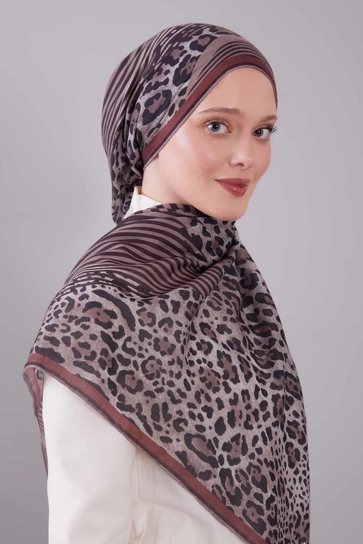 Fivescarf Kiremit Leopar Desen Silk Coton Eşarp
