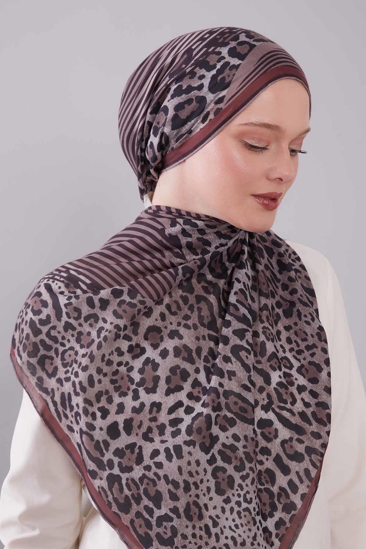 Fivescarf Kiremit Leopar Desen Silk Coton Eşarp