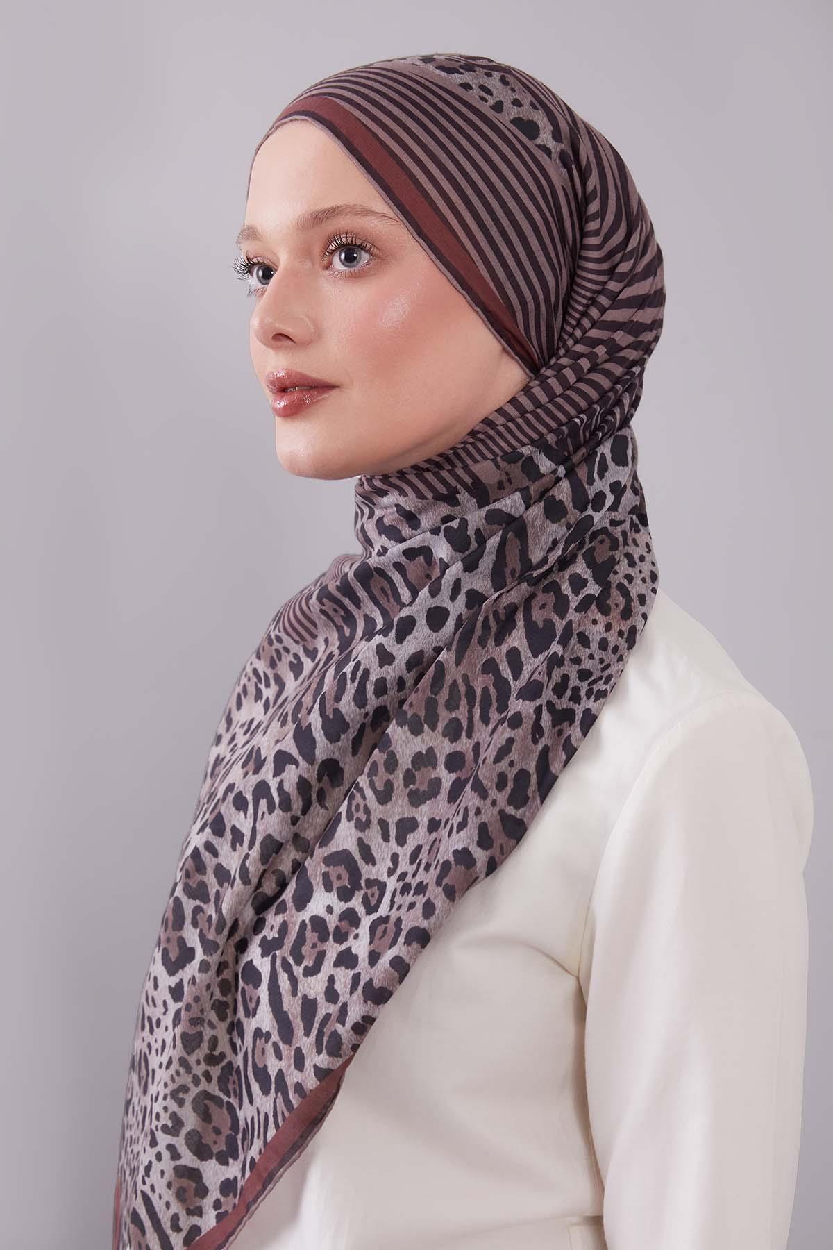 Fivescarf Kiremit Leopar Desen Silk Coton Eşarp
